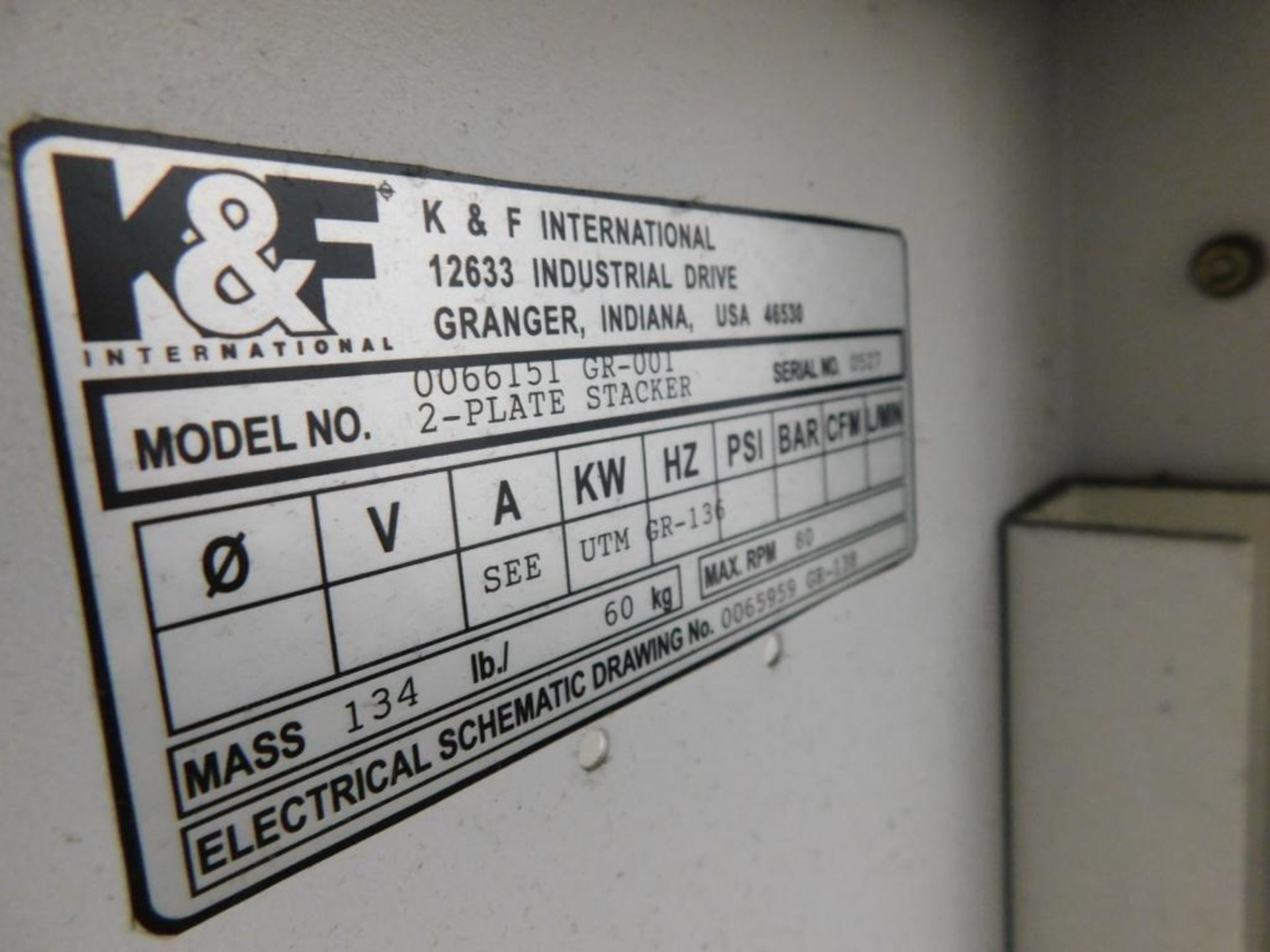 LOT: (1) K & F Model CD GR-053 Conveyor Table, S/N 0509, (3) K & F Model 0066151 GR-001 2-Plate Stac - Image 8 of 10