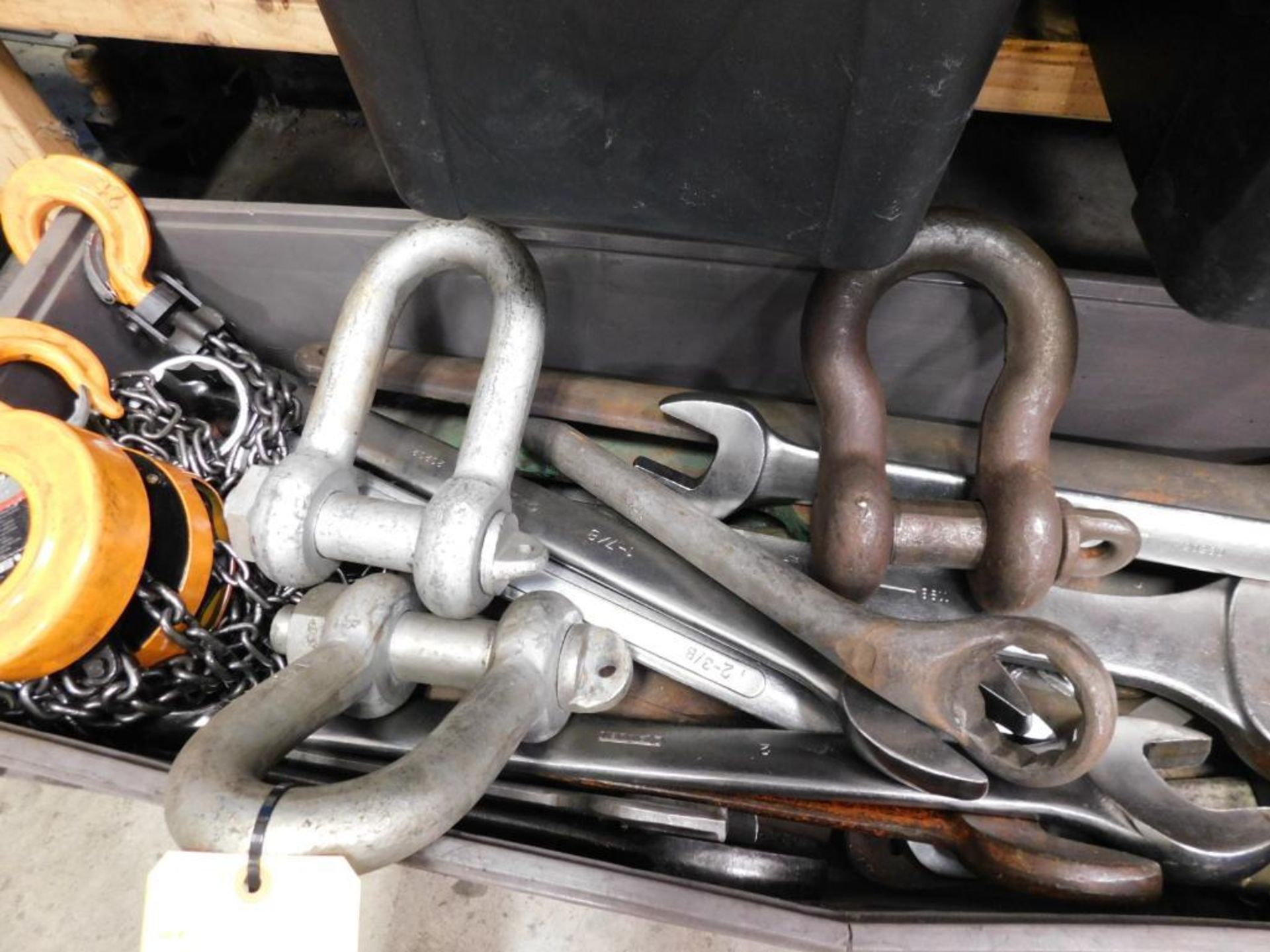 LOT: Assorted Large Combo Wrenches, (2) 2-Ton Chain Hoists, (3) Large Shackles, Assorted Straps, Rop - Image 2 of 8