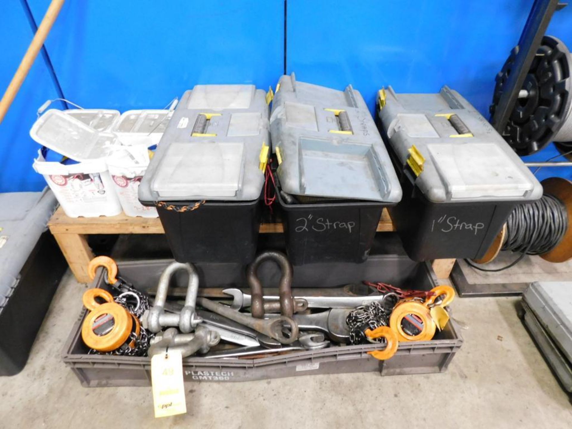 LOT: Assorted Large Combo Wrenches, (2) 2-Ton Chain Hoists, (3) Large Shackles, Assorted Straps, Rop