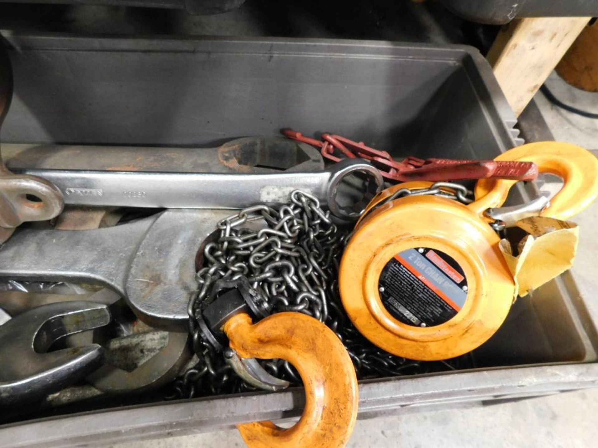 LOT: Assorted Large Combo Wrenches, (2) 2-Ton Chain Hoists, (3) Large Shackles, Assorted Straps, Rop - Image 4 of 8