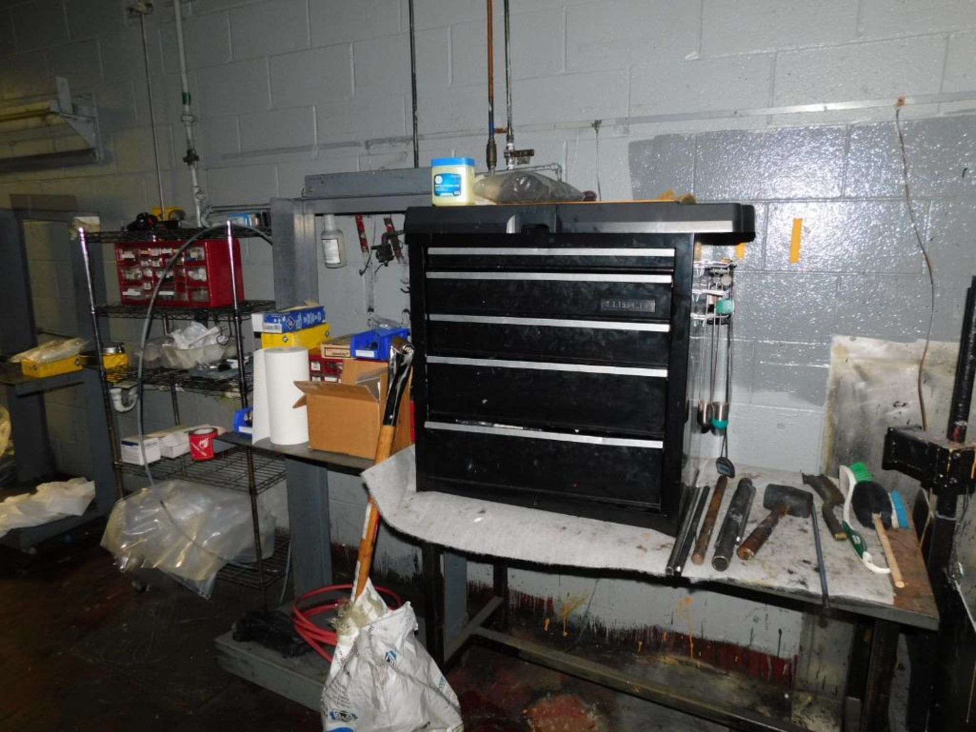 LOT: Contents of Back Paint Room: U-Line Barrel Cart, Dolly, 5-Drawer Craftsman Tool Box, (3) 8' x 8 - Image 2 of 16