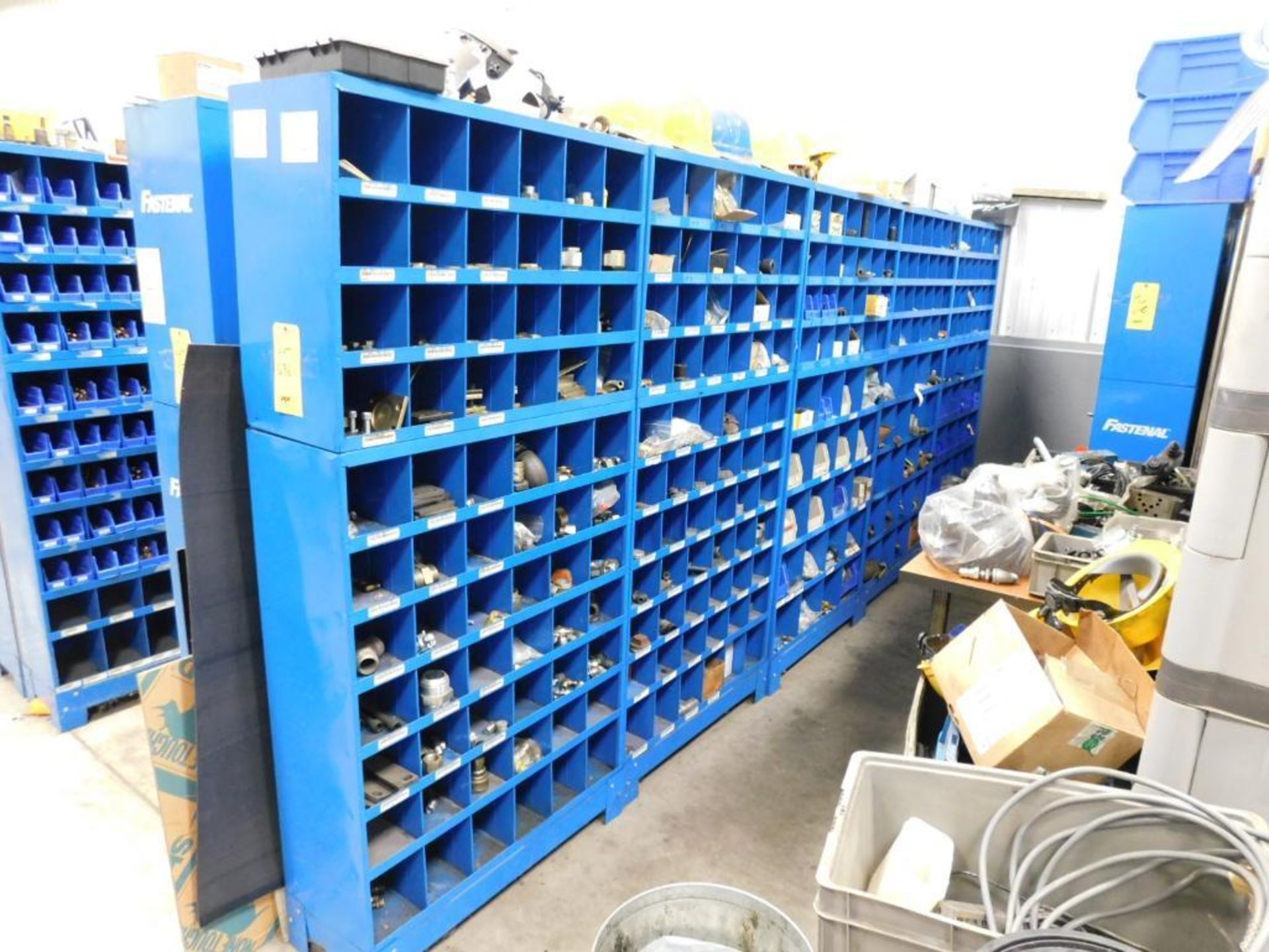 LOT: (7) Sections Fastenal Compartment Organizers w/Contents of Hardware, Plumbing, etc.