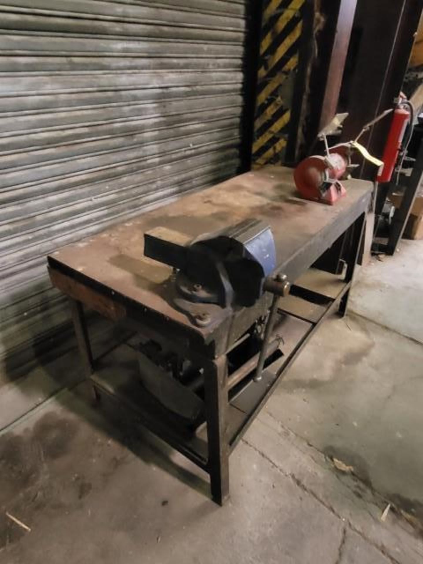 LOT: 5' Wood Workbench w/ (1) Baldor 3 HP Grinder and (1) Table Vise - Image 2 of 5