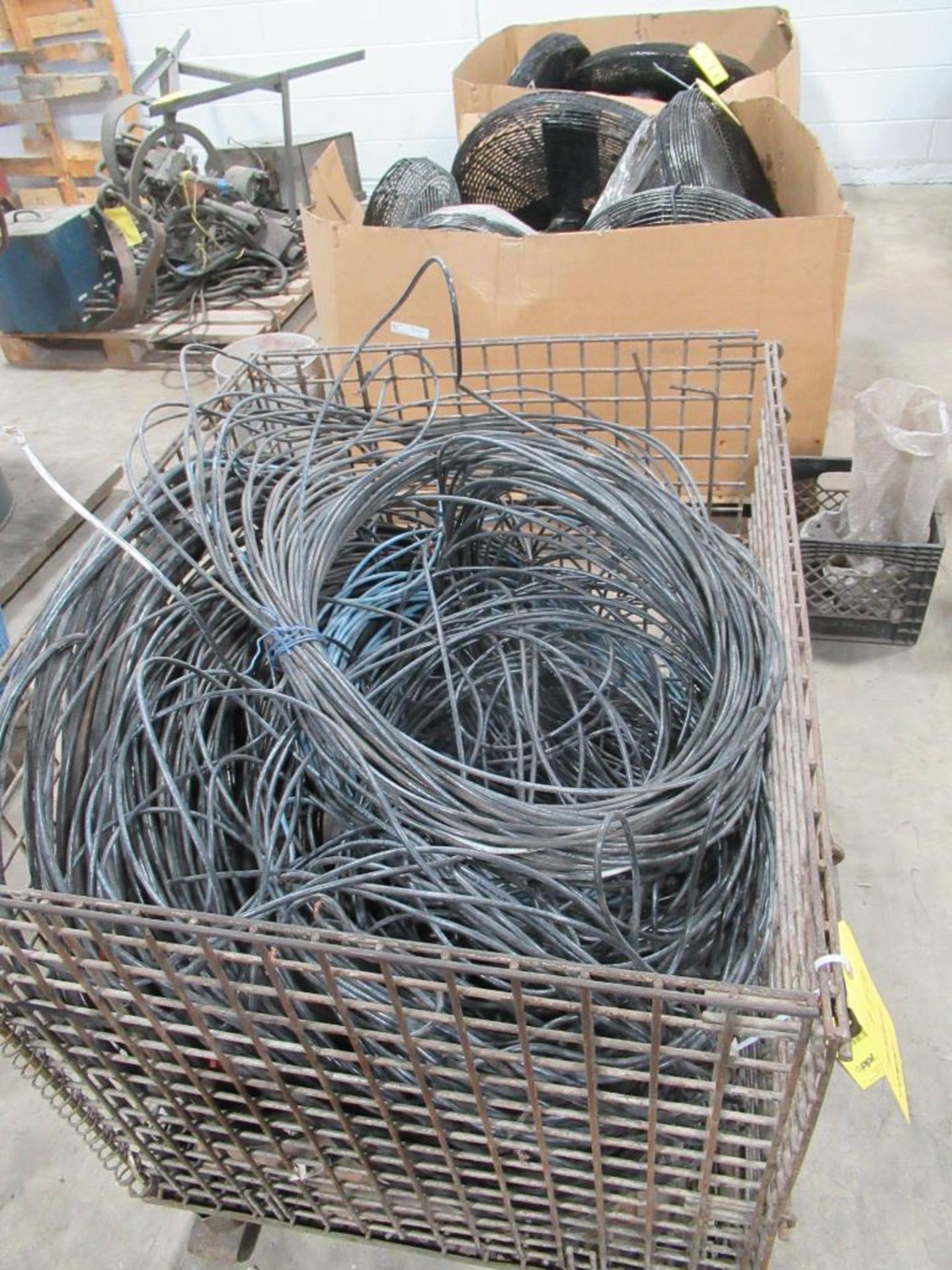 LOT: (2) Wire Baskets w/Wire, (1)w/Metal on Pallet, Rolling Carts