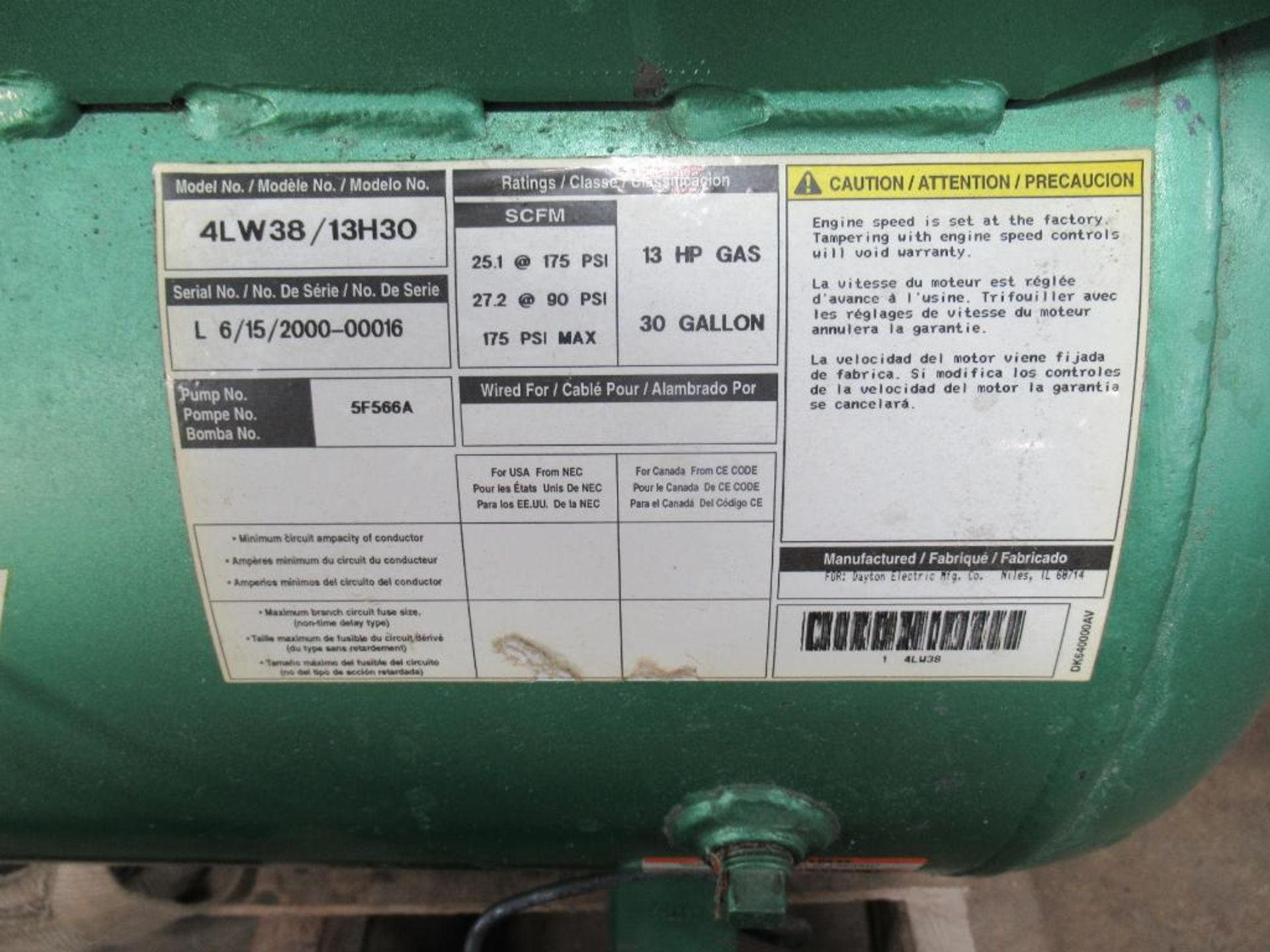 Speed Aire 4LW/13H30 13 HP Gasoline Air Compressor, 30 Gallon Horizantal TankS, /N L615200000016 - Image 4 of 6