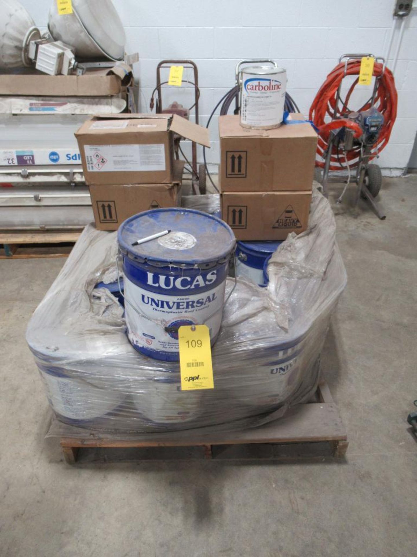 LOT: (10) 5-Gallon Lucas Roof Top Coating & Cases 1 Gallon Carboline Carboguard 60 Part A on Pallet
