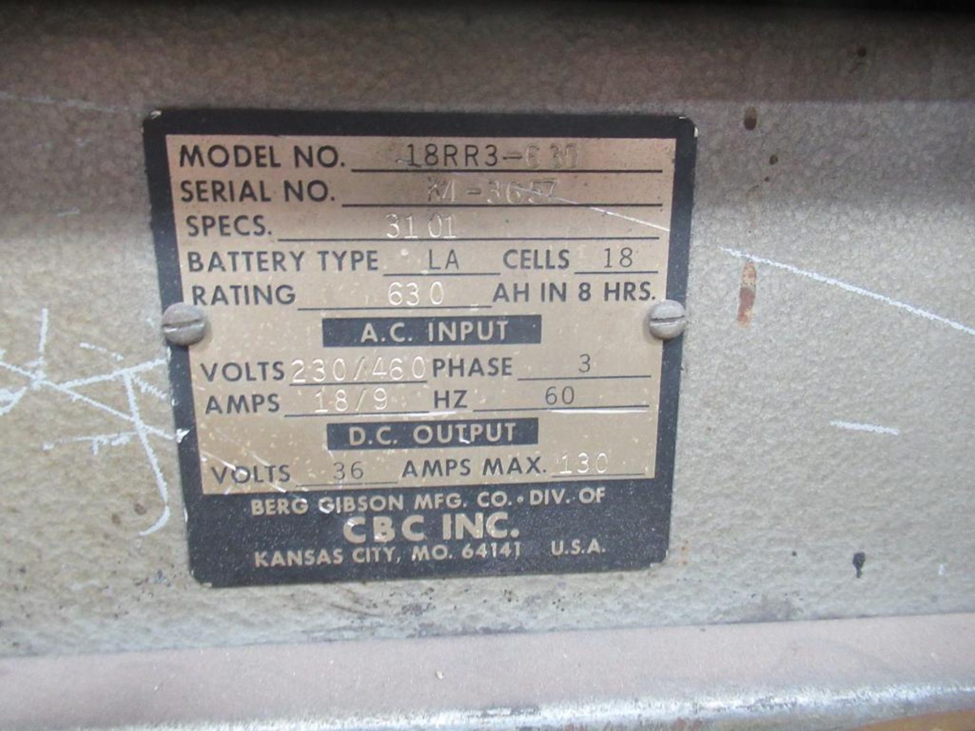 Berg Gibson Crusader 18RR3-630 Industrial Battery Charger, LA 18 Cell, 36V, S/NK4-3657 - Image 2 of 2