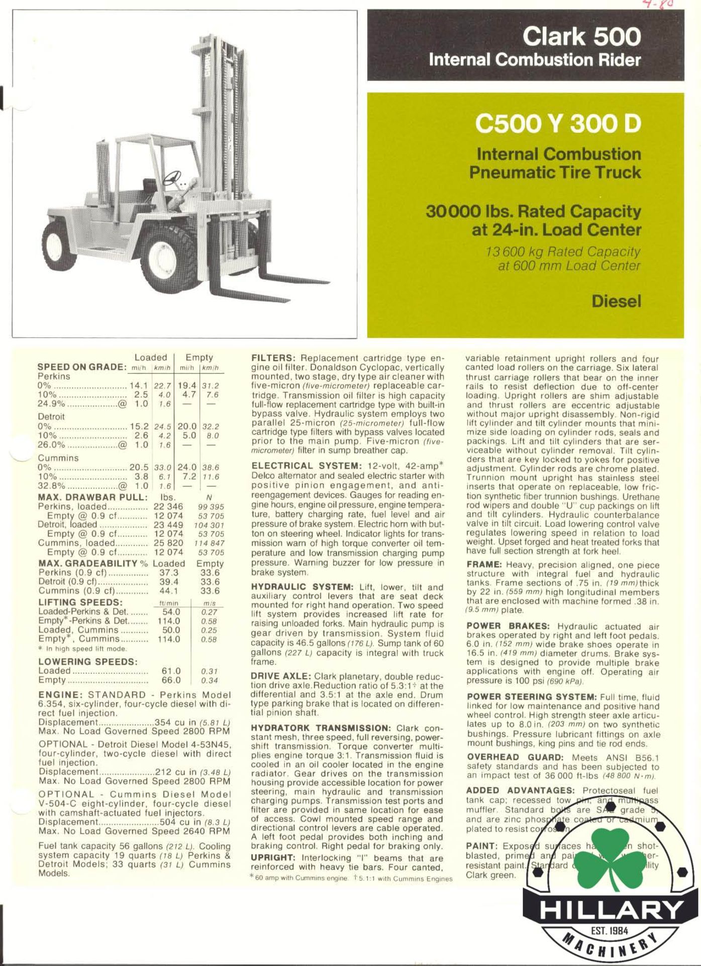 30,000 LBS CLARK MODEL C500 Y 300 D DIESEL FORKLIFT - Image 14 of 16