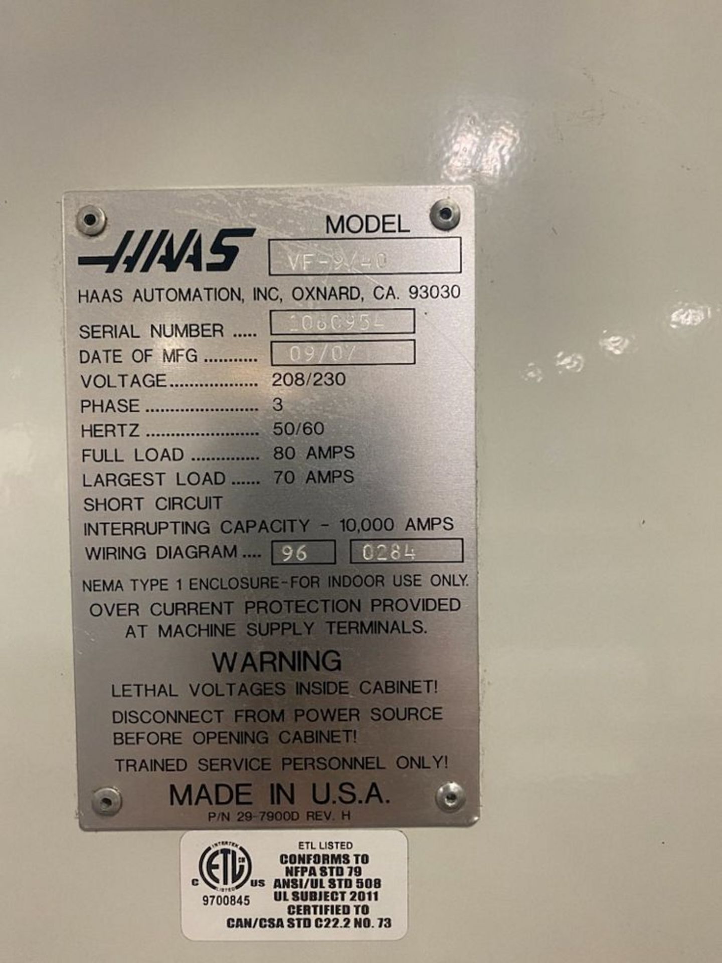 HAAS VF-9/40 VERTICAL MACHINING CENTER, S/N 1060954, NEW 2007 - Image 9 of 11