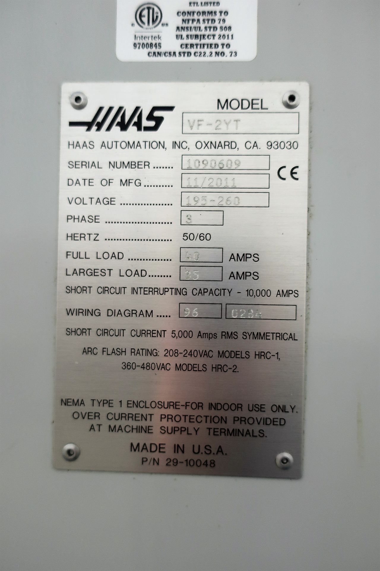 2011 HAAS VF2-YT CNC 3-AXIS VERTICAL MACHINING CENTER, 1090609 - Image 10 of 11