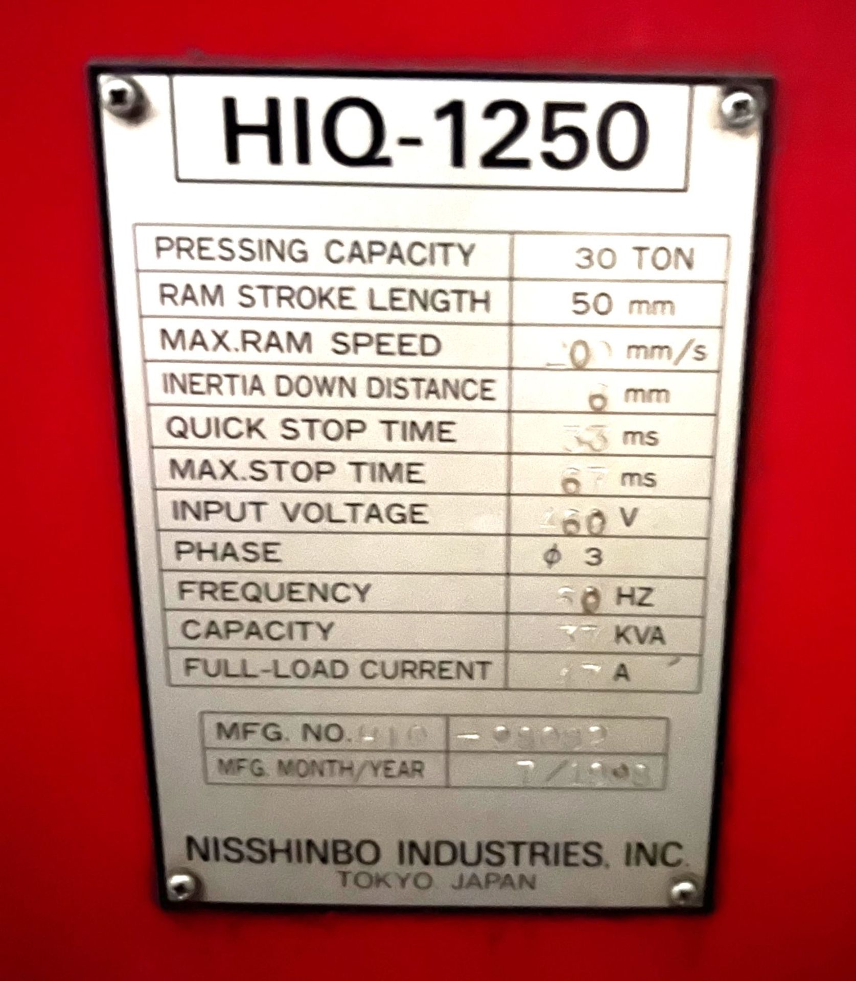 NISSHINBO HIQ-1250 CNC 30 TON TURRET PUNCH WITH 2 AUTO INDEX STATIONS AND LOADED WITH TOOLING - Image 9 of 18