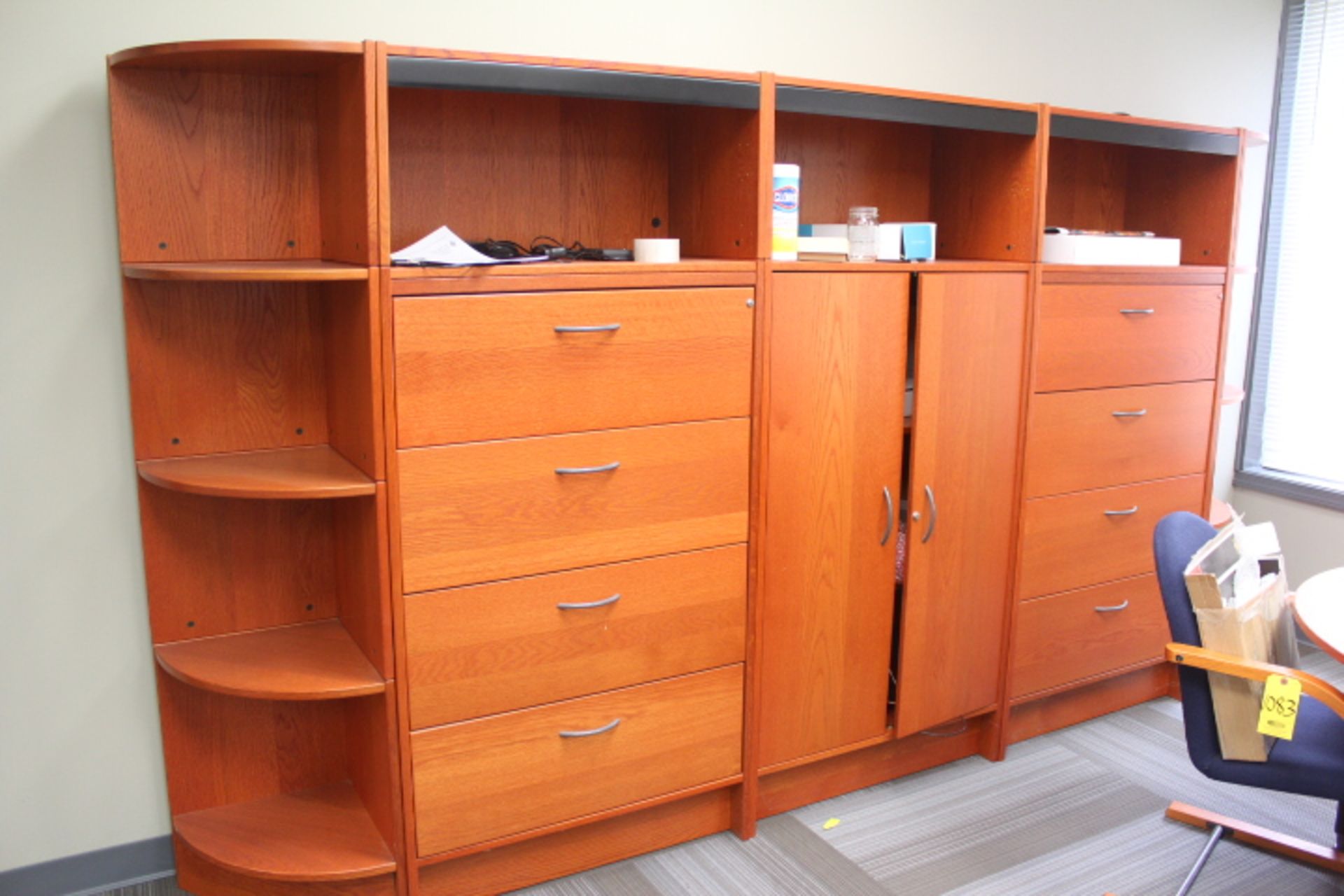 WOOD OFFICE SUITE, L-SHAPED PENINSULA DESK, PEDESTAL, CABINET AND WALL UNIT - Image 3 of 3