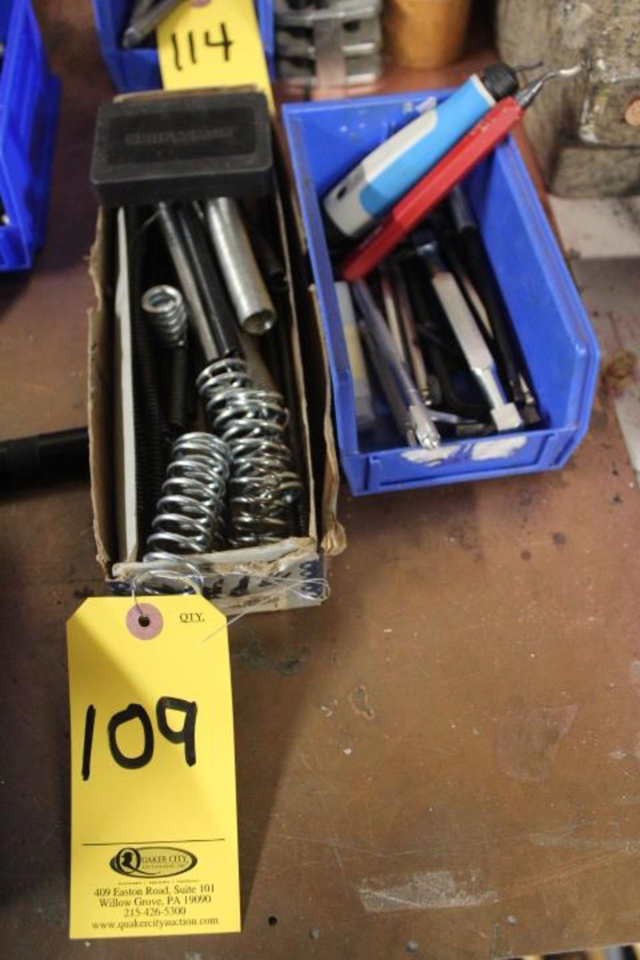 (2) BINS OF ASSORTED SPRINGS, ALLEN WRENCHES, DEBURRING TOOL, ETC.