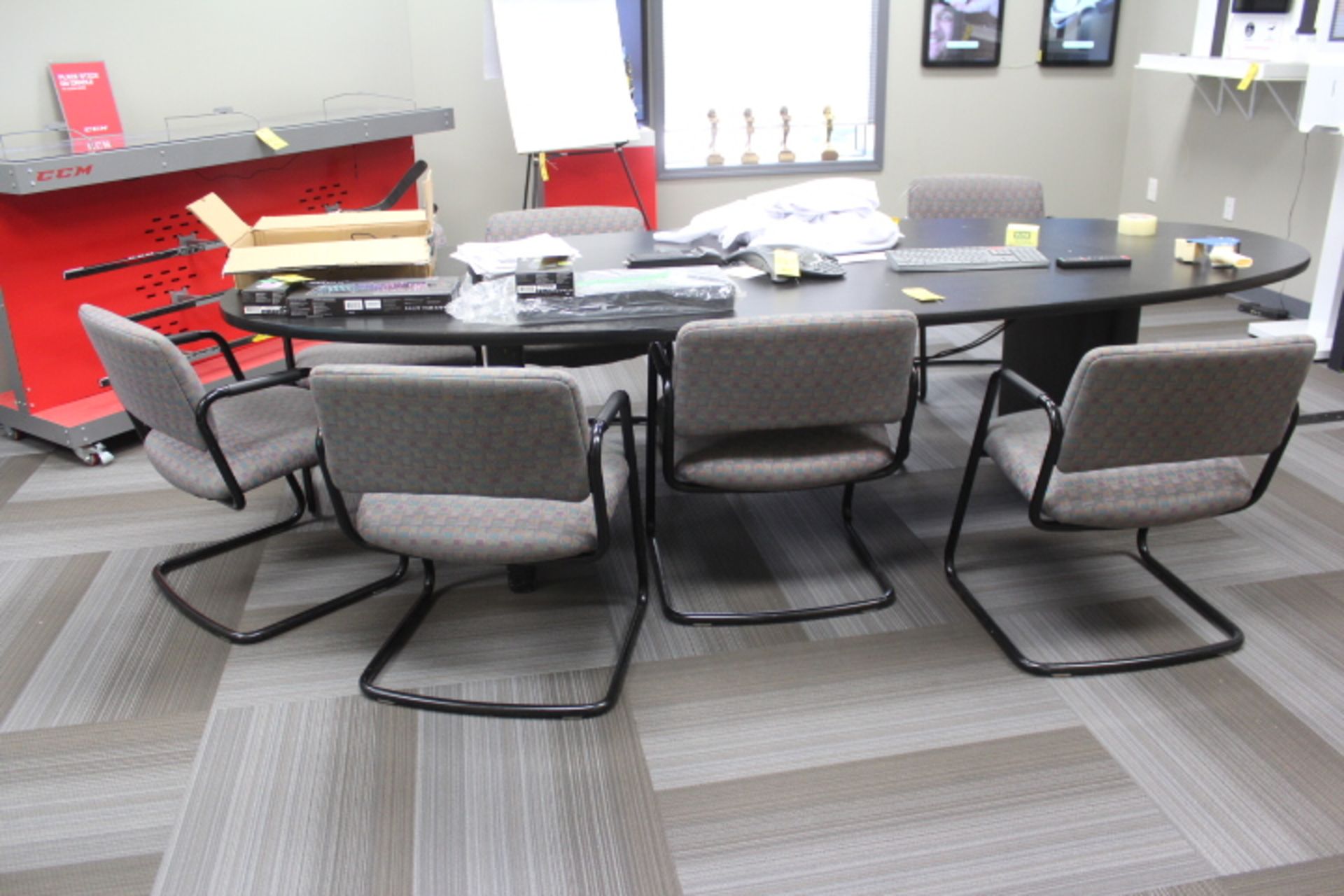 4 FT. X 10 FT. RACETRACK LAMINATE CONFERENCE TABLE WITH (8) TUBE FRAME ARM CHAIRS