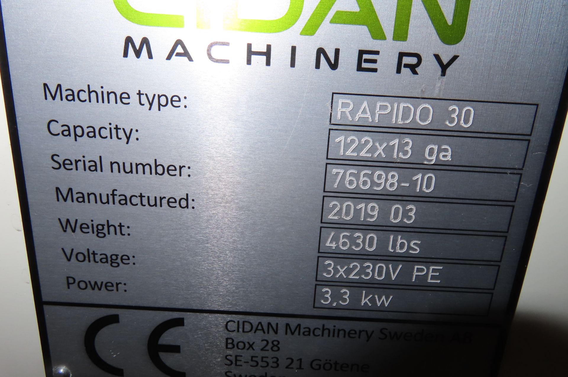 2019 CIDAN RAPIDO 30 POWER MECHANICAL GUILLOTINE SHEAR, S/N 76698-10 ...