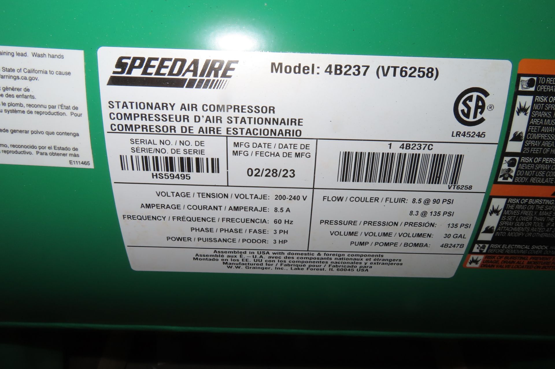 2023 SPEEDAIRE 4B237 30 GALLON AIR COMPRESSOR, 135 PSI, MOUNTED ON SKID - Image 3 of 4