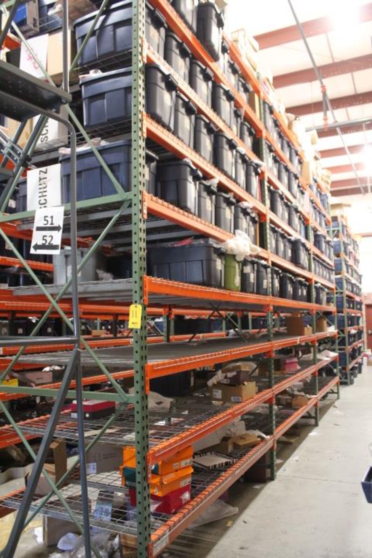 (5) SECTIONS TEAR DROP PALLET RACKING, (7) UPRIGHTS, (90) CROSS BEAMS AND (90...