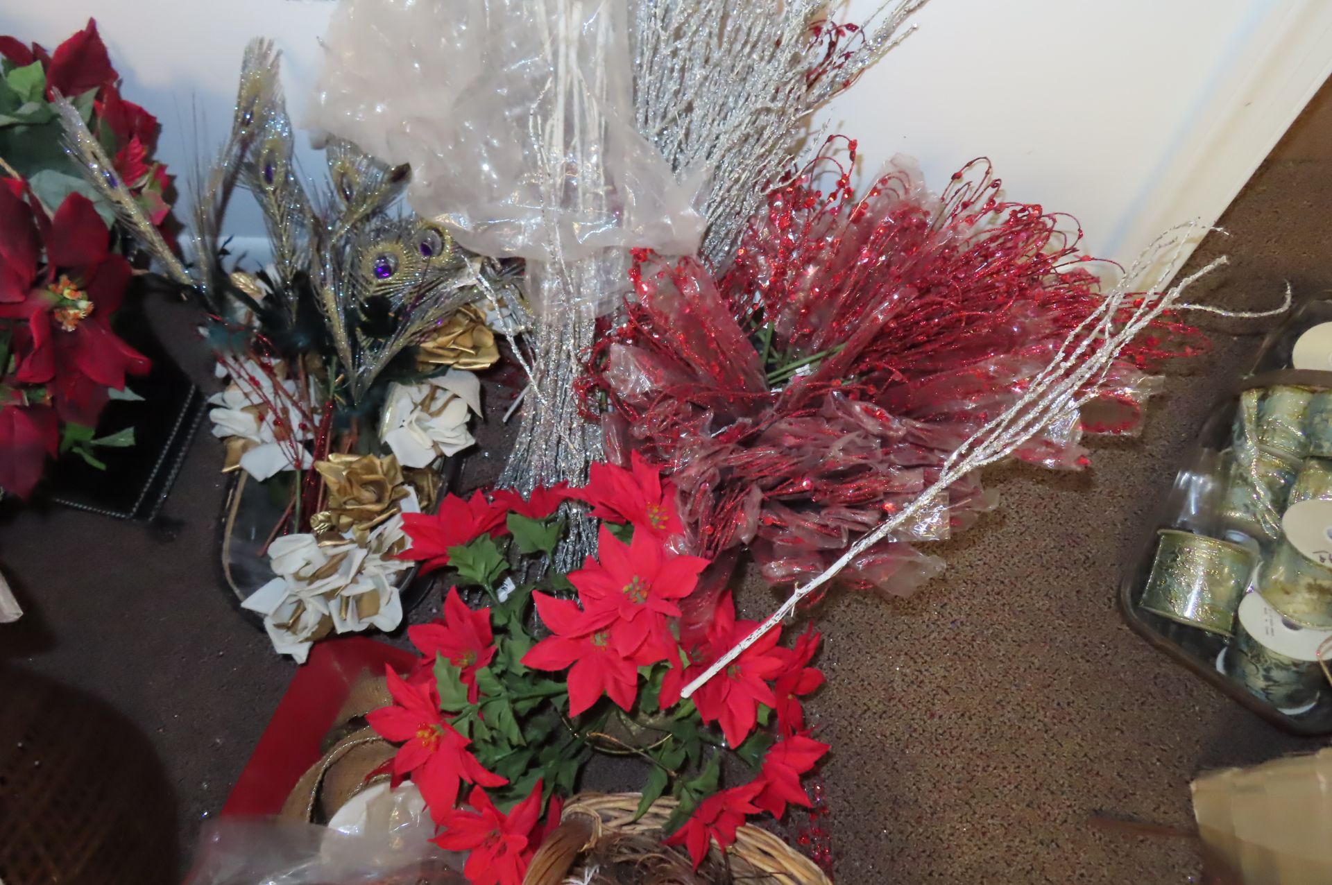 ASST. FLOWERS, JEWELED FLOWERS, ORNAMENTS, (1) ANGEL, (3) TIN AND (1) WICKER… - Image 8 of 9