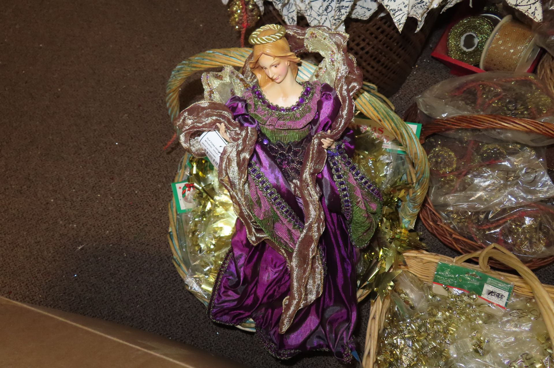 ASST. FLOWERS, JEWELED FLOWERS, ORNAMENTS, (1) ANGEL, (3) TIN AND (1) WICKER… - Image 5 of 9