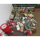 ASST. XMAS ORNAMENTS, (2) GLASS VASES, ASST. RIBBON AND (15) WICKER BASKETS