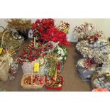 ASST. XMAS FLOWERS AND ORNAMENTS, (2) ANGELS AND (4) TIN AND WICKER PLANTERS...