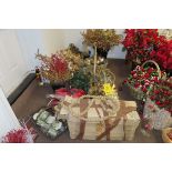 XMAS FLOWERS AND ORNAMENTS, (2) ANGELS, GOLD DECORATIVE ROPE AND RIBBON, (2) TIN…