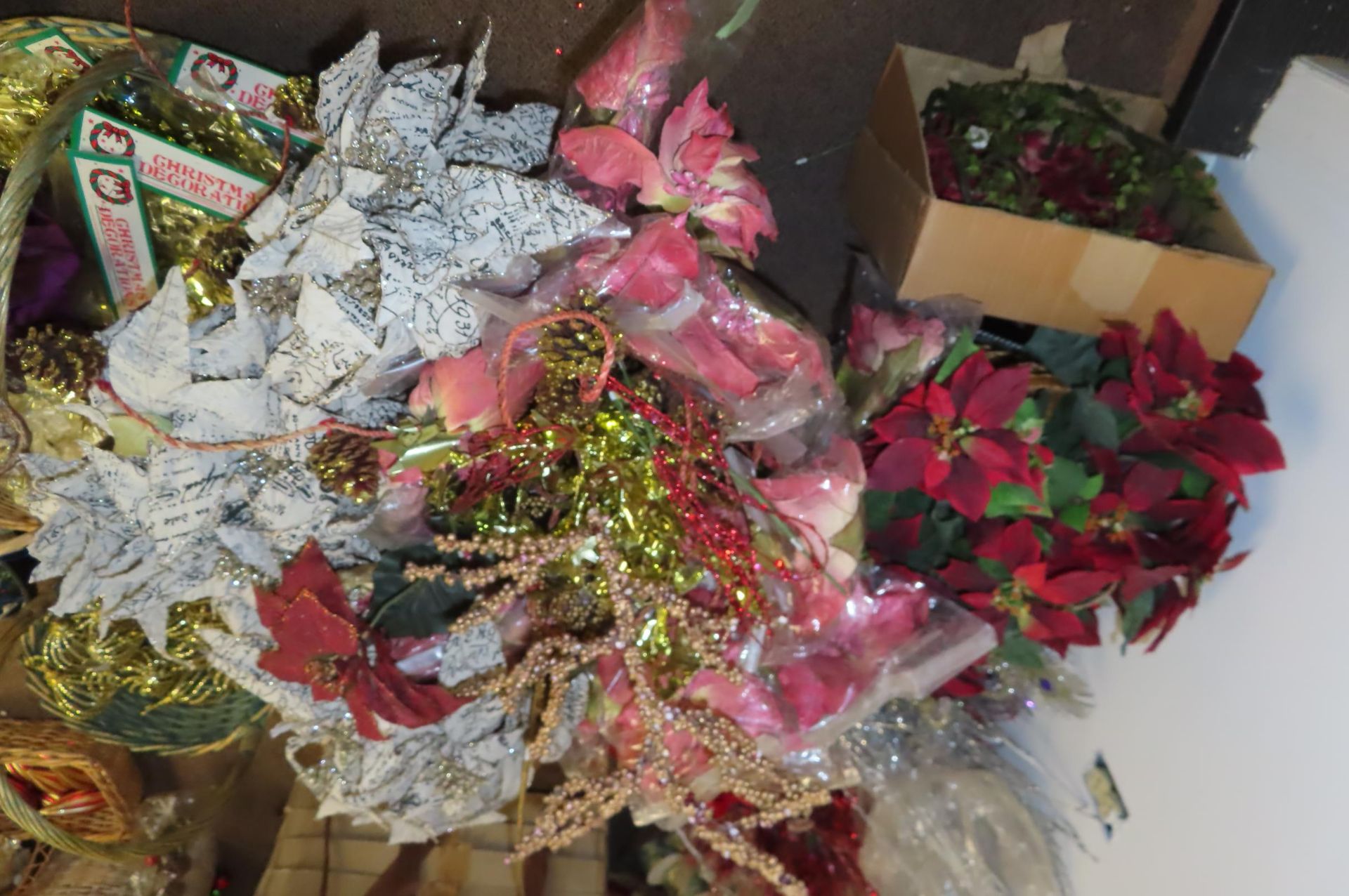 ASST. FLOWERS, JEWELED FLOWERS, ORNAMENTS, (1) ANGEL, (3) TIN AND (1) WICKER… - Image 9 of 9