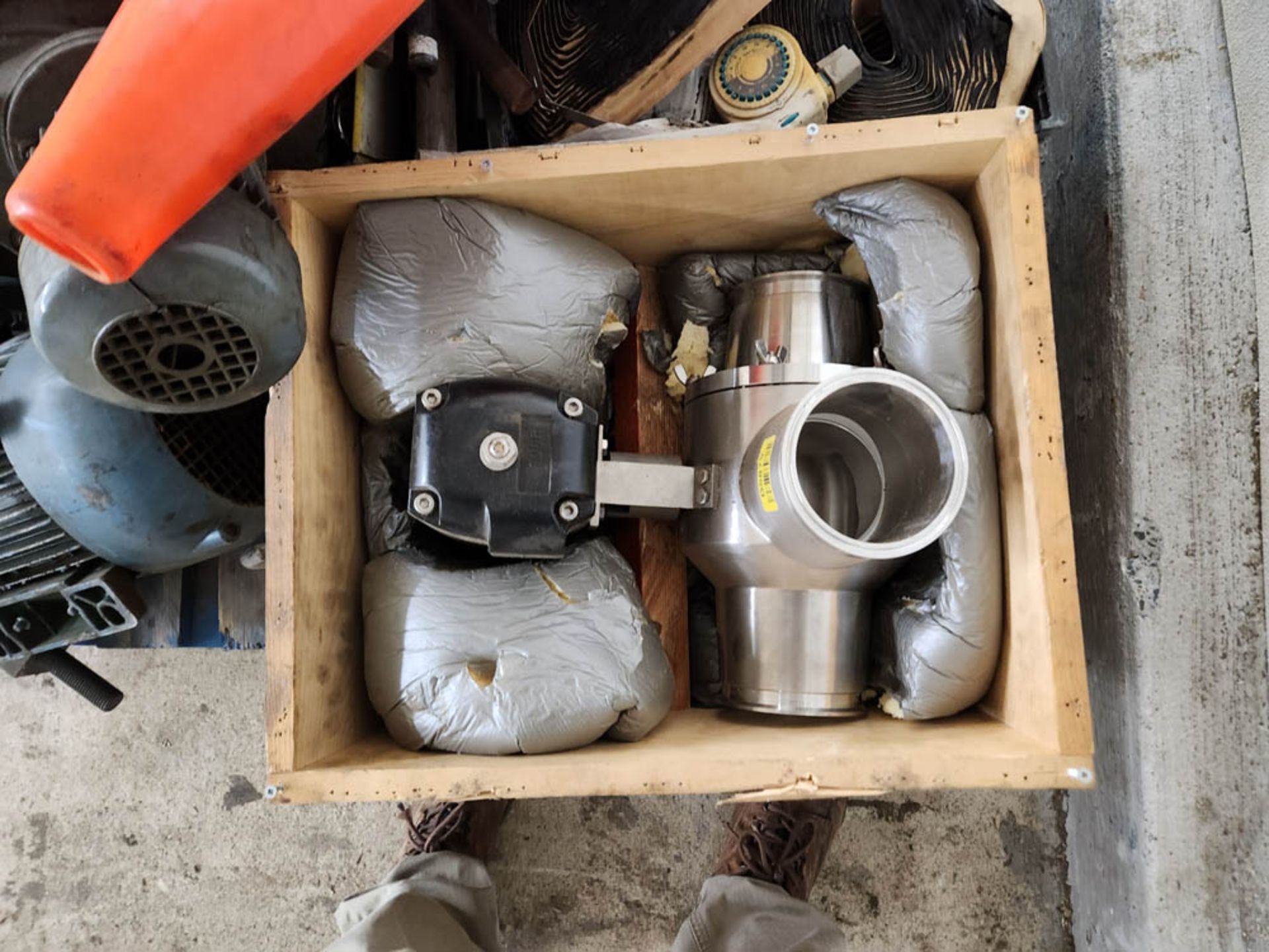 Pallet of electric motors, new inline metal detector, rejection valve and misc. parts