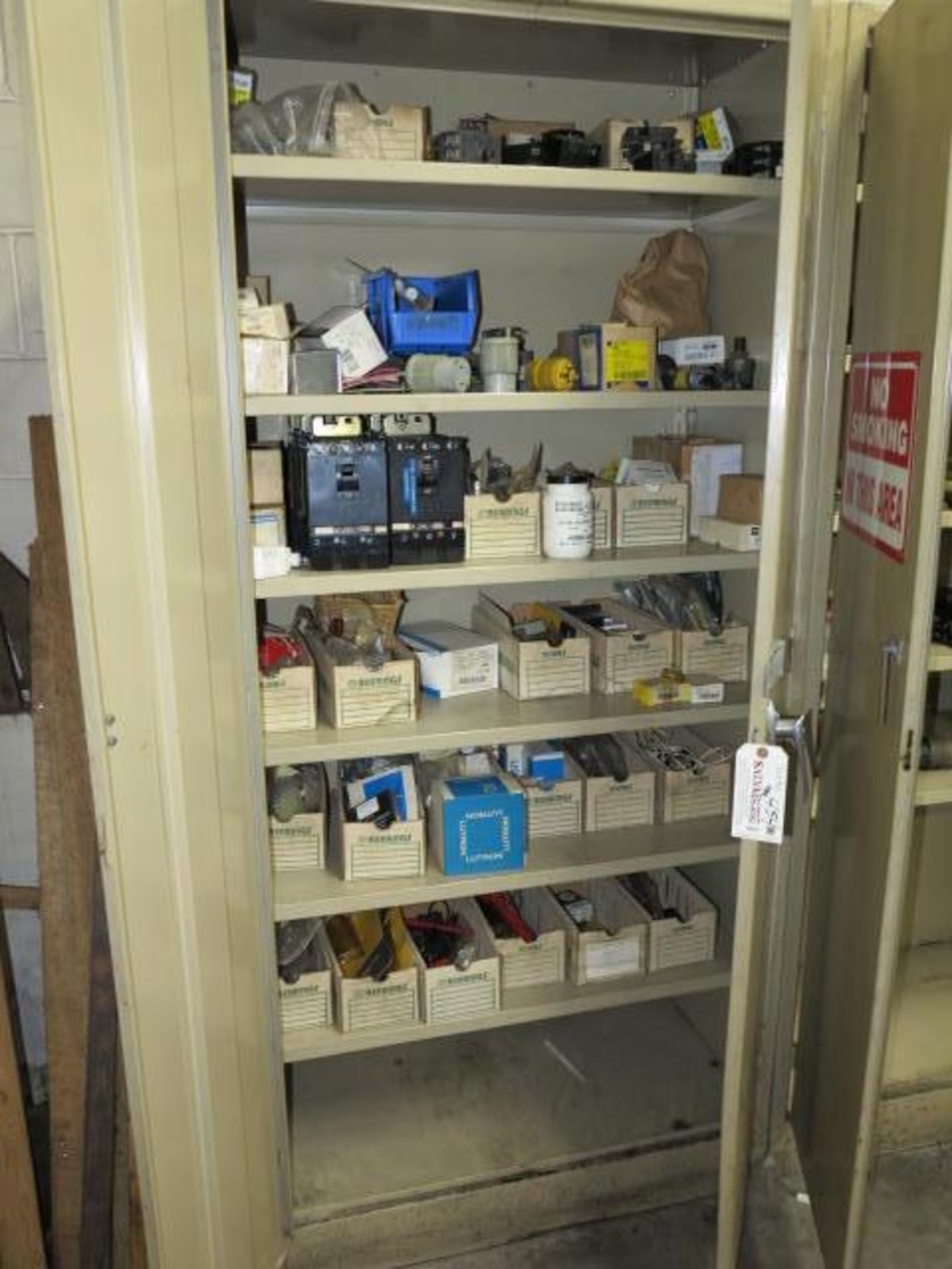 2 Door Storage Cabinet and Contents of Electrical Breakers, Plugs and Electrical Supplies