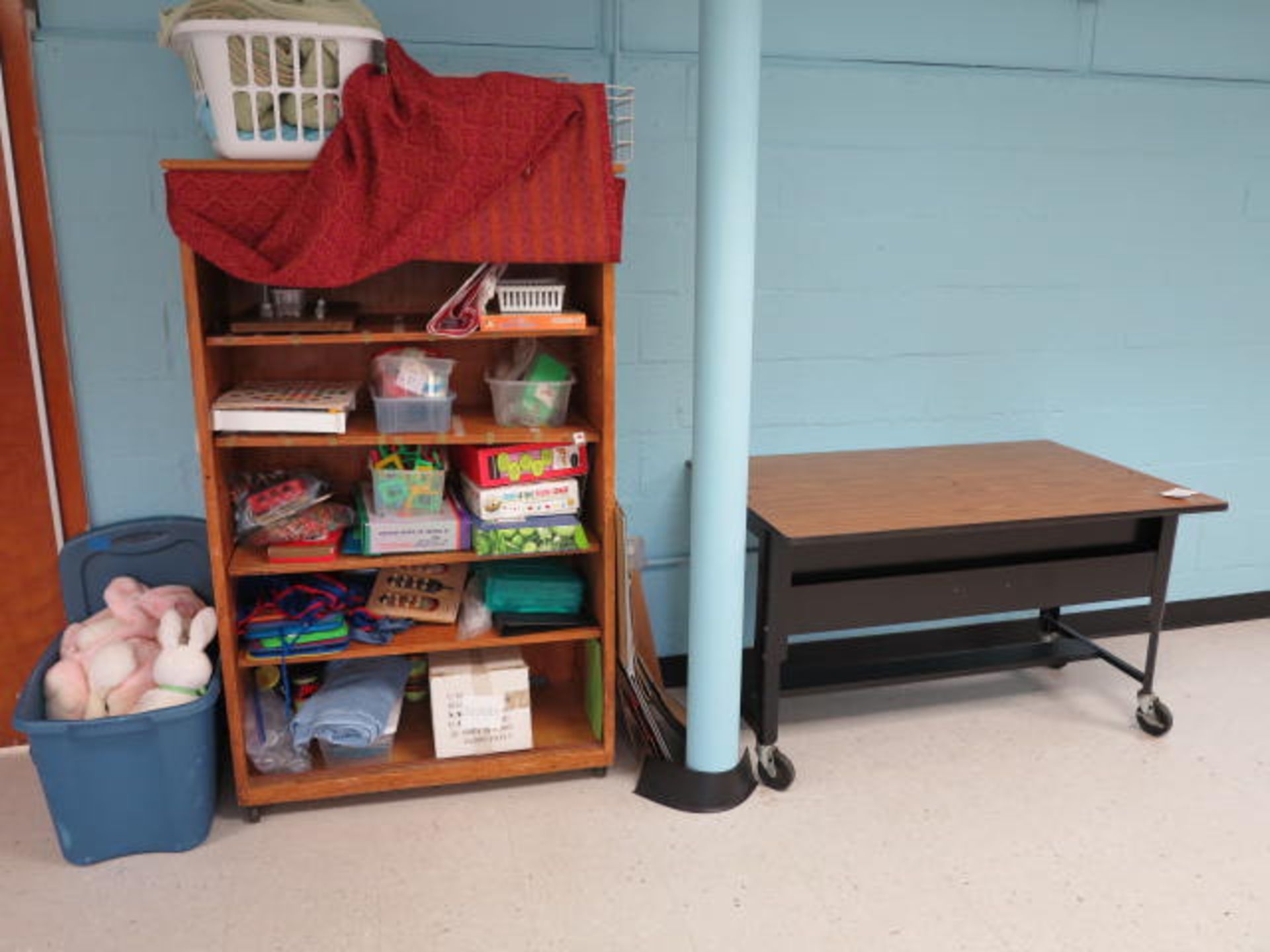 Lot Shelf with Contents, Stuffed Animals and Table on Wheels Located in PT Room