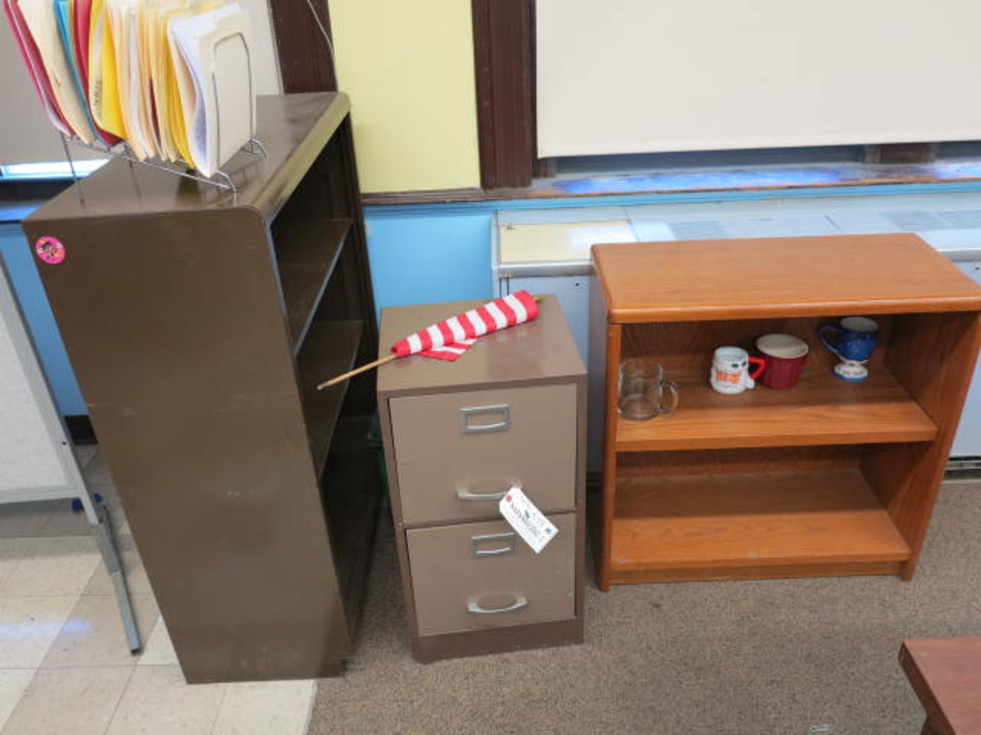 Lot (2) Bookcases, (1) 2 Drawer Cabinet Located in Room 11