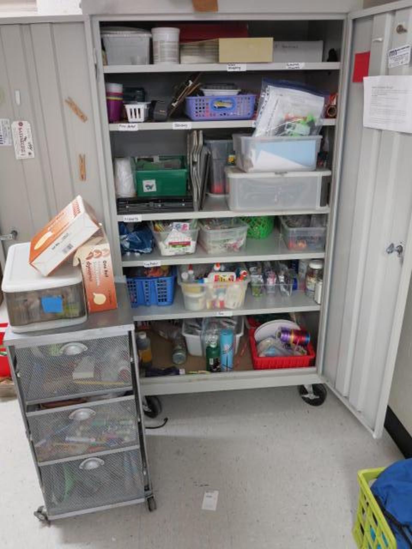 2 Door Cabinet with Contents, 3 Drawer Rolling Cart and Contents of Shelves Located in PT Room