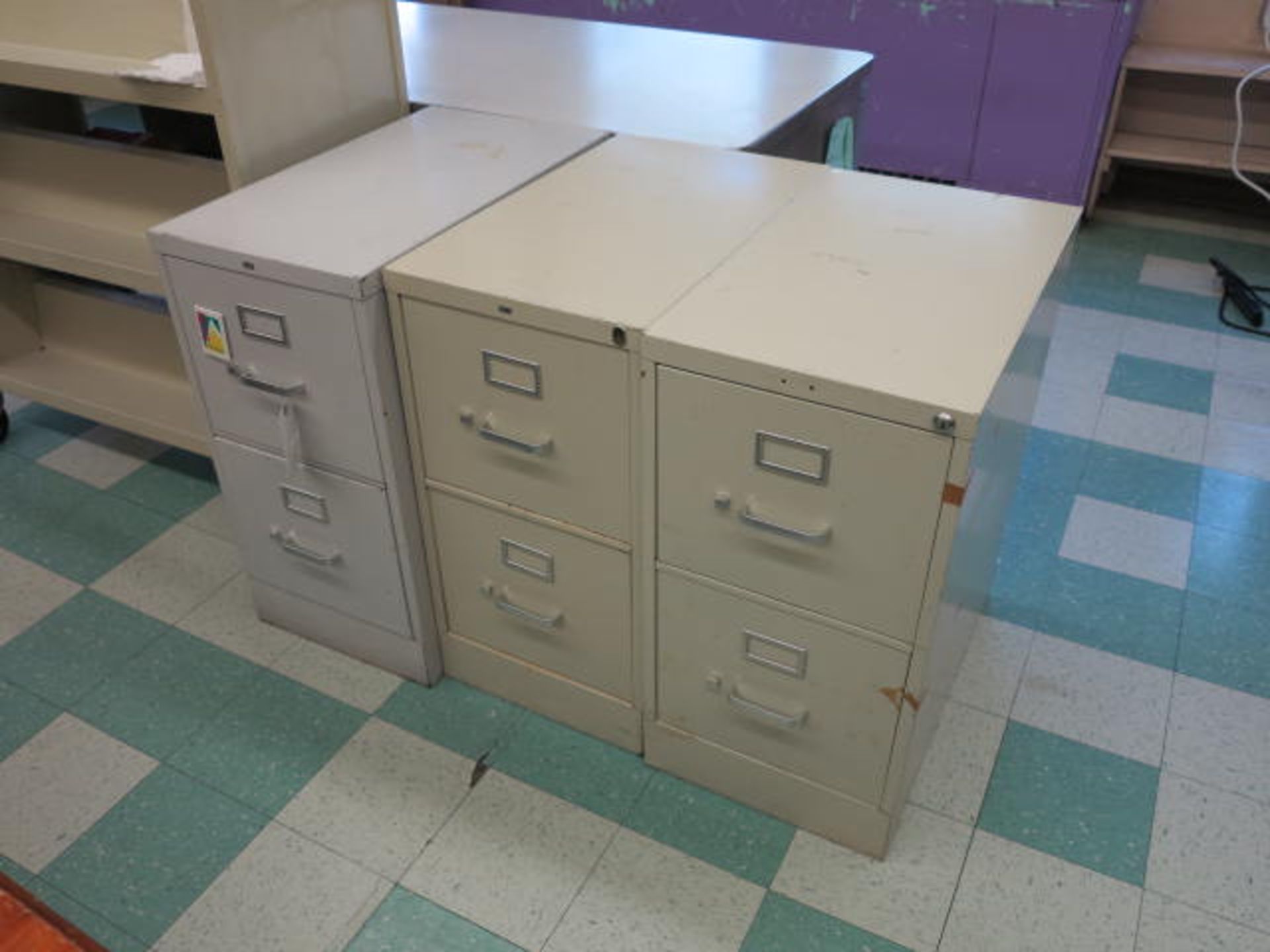 Lot (3) 2 Drawer Vertical Filing Cabinets, (1) Rolling Bookshelf Located in Room 13