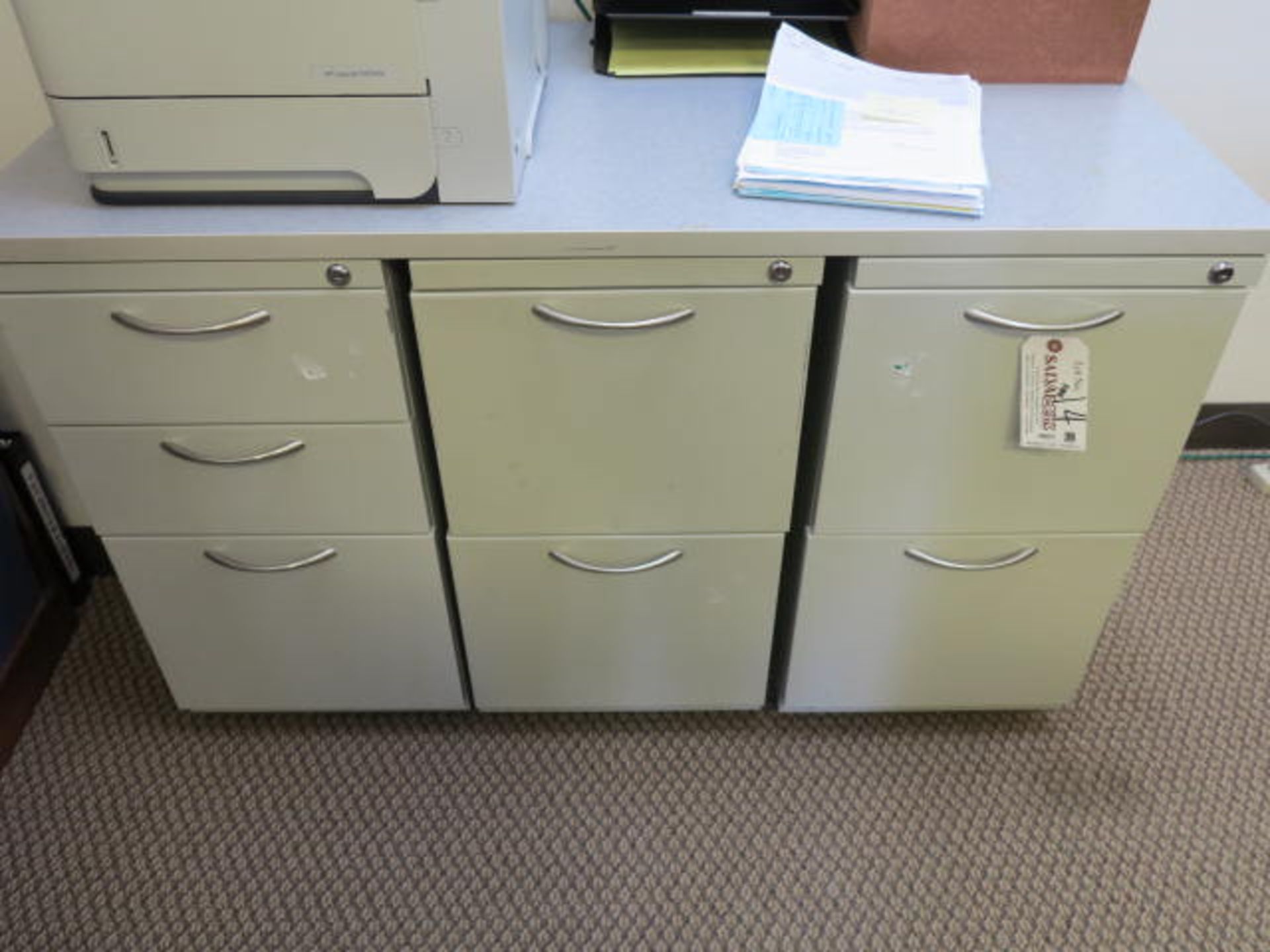Lot (3) 2 Drawer Locking Filing Cabinets and Table Top