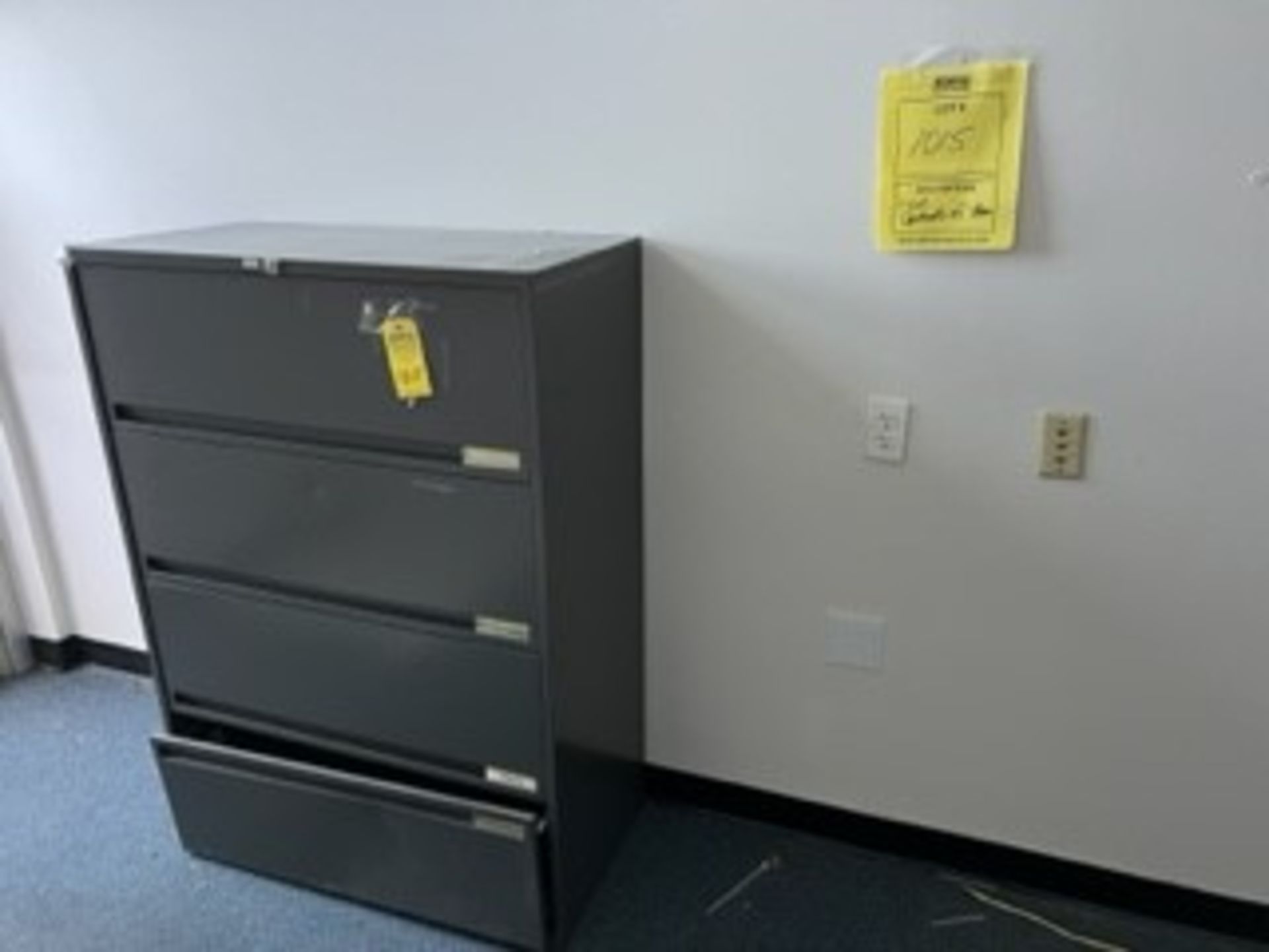 LOT CONTENTS OF ROOM - 1- LATERAL FILE CABINET WITH 2 DRAWERS / 1- STEEL STORAGE CABINET / 1- DESK W