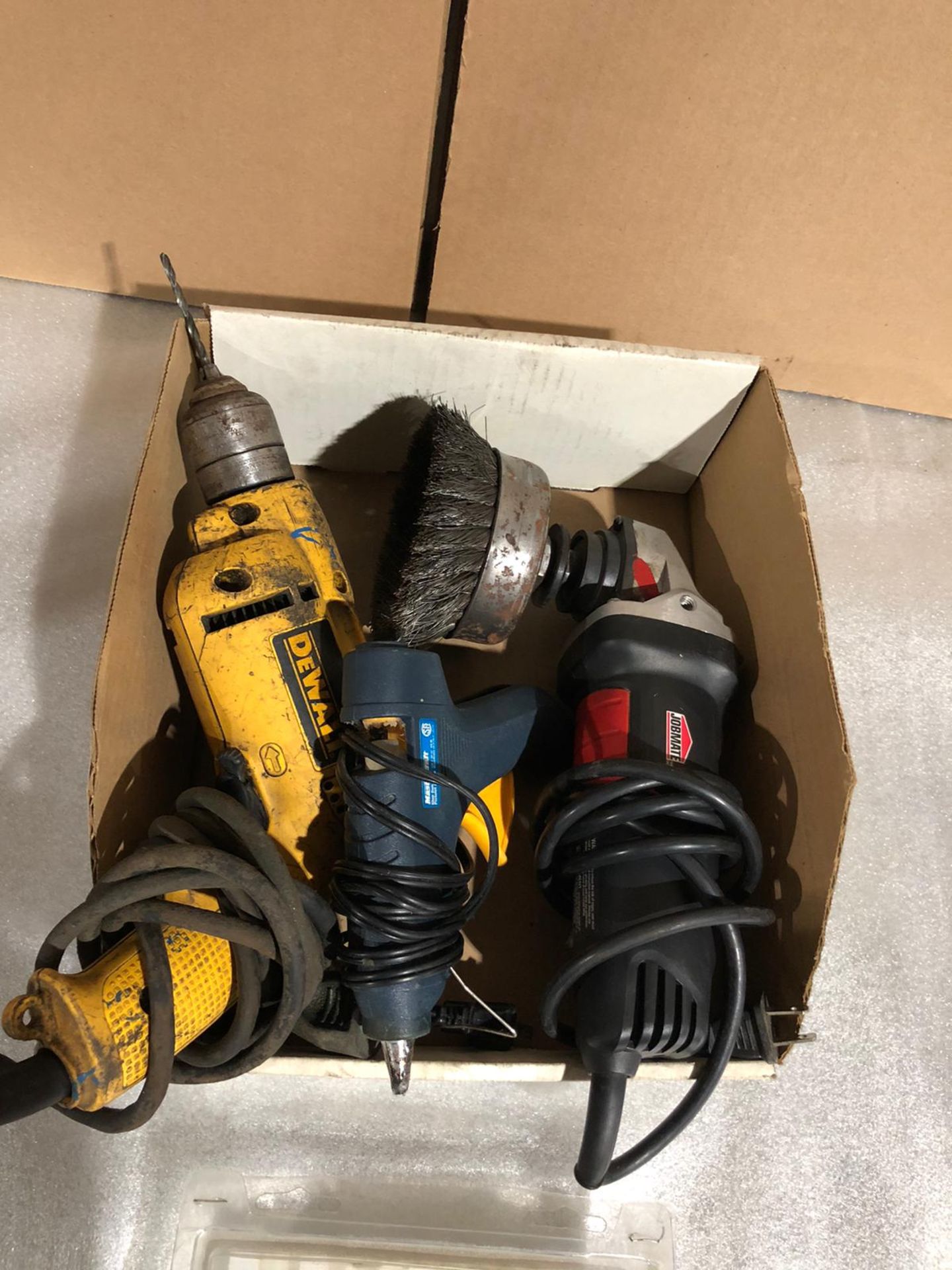 Lot of 3 (3 units) Dewalt Drill, Jobmate Grinder and Glue Gun with Glue Sticks