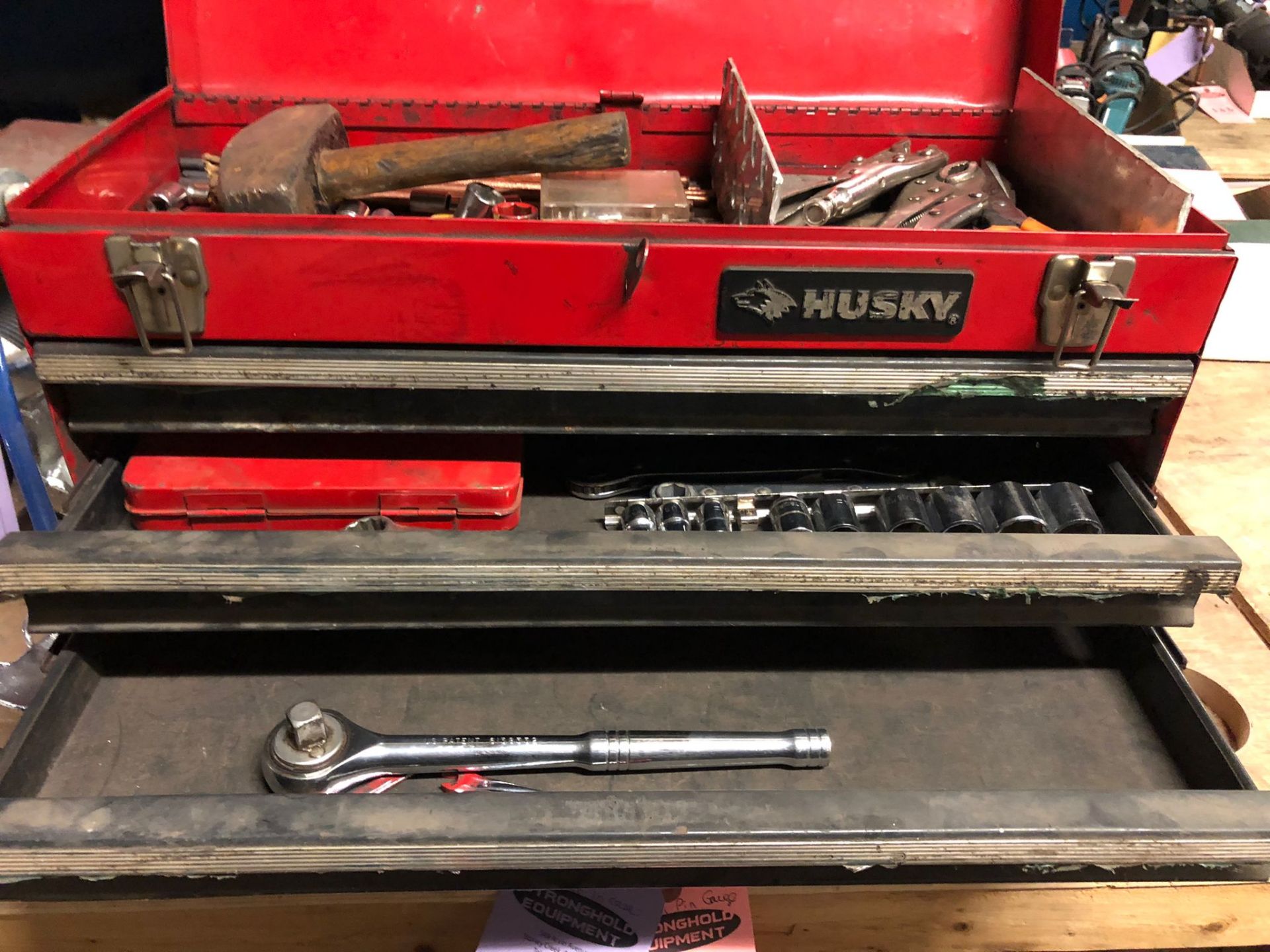 Husky Tool Cabinet table top with misc tools - socket set, vise grips, wrench and more - Image 2 of 2