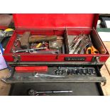 Husky Tool Cabinet table top with misc tools - socket set, vise grips, wrench and more