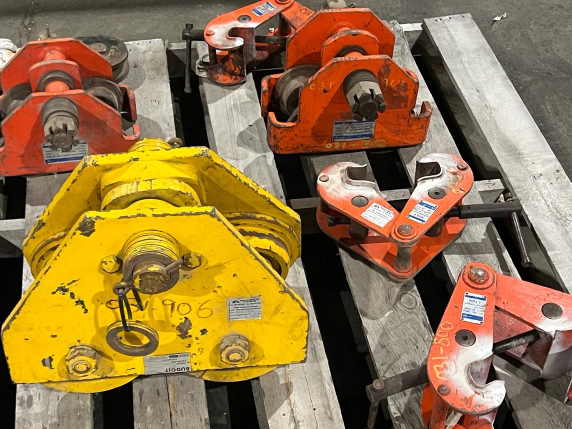 Lot of 6 (6 units) Hoist Trolleys and Beam Clamps - 8, 5 and 3 ton Trolleys, 2X 5 & 3 ton beam