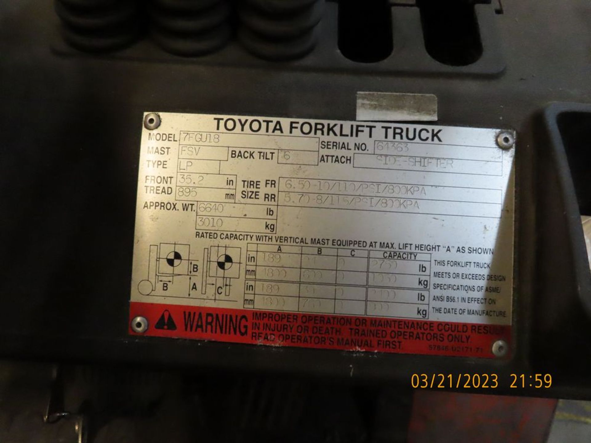 Toyota mod. 7FGU118, Forklift, 3,000lb. Cap. - Image 6 of 6