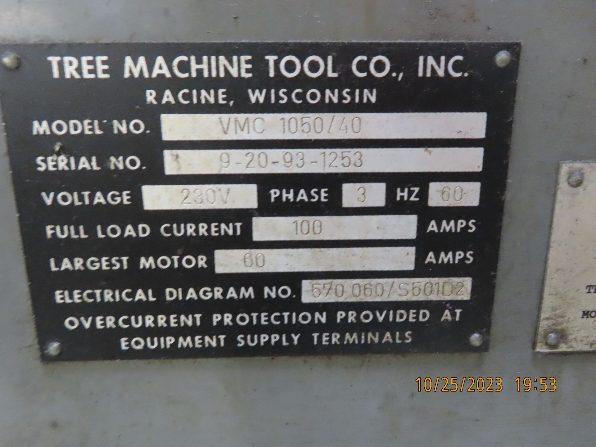 (1993) Tree mod. VMC 1050/40, 3-Axis CNC Vertical Machine Center, 20hp, 50'' x 24'' Table Size, - Image 6 of 6