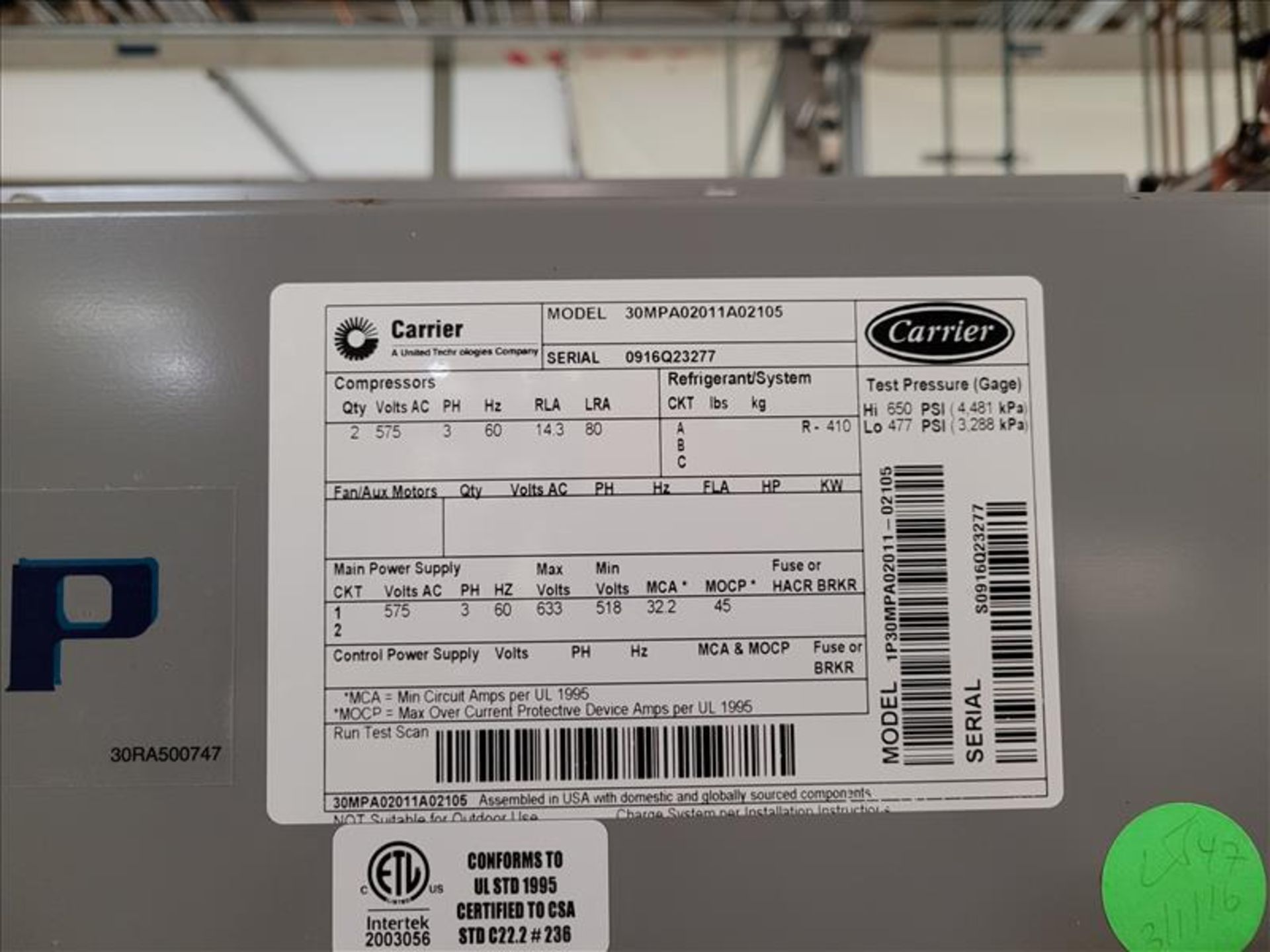 CARRIER Aquasnap Chiller Unit, mod. 30MPA02011AA2105, 575 Volts, 3 Phase (LOCATED IN SAINT-LAMBERT, - Image 4 of 5