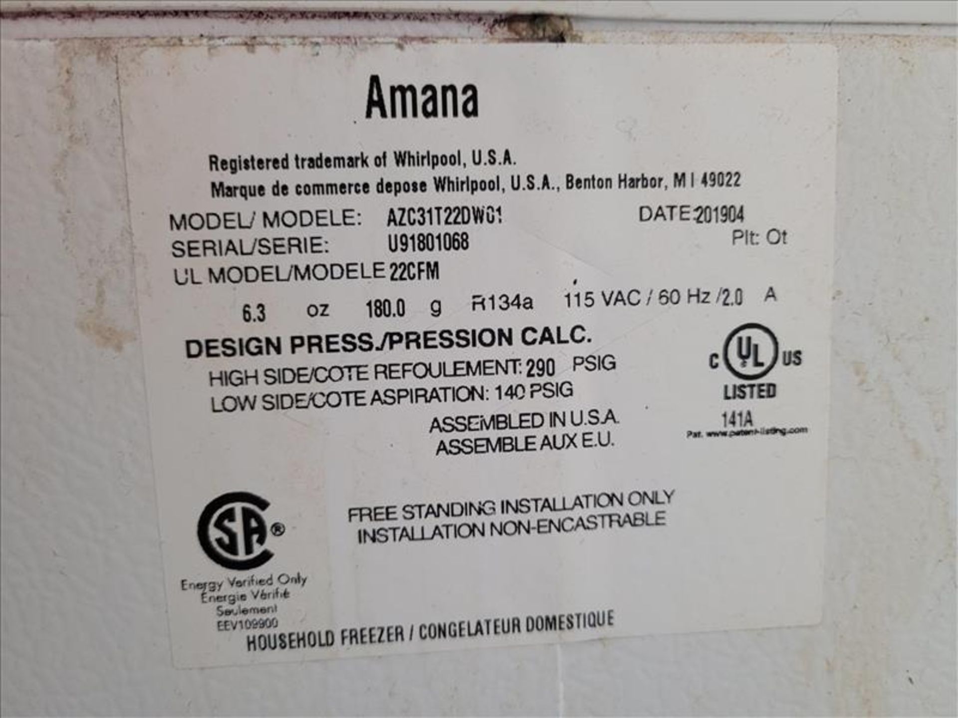 AMANA mod. AZC31T22DW01 Reach-In Freezer, Internal Dims.: Approx. 59-1/2 In. L x 21-1/2 In. W x 28- - Image 12 of 12