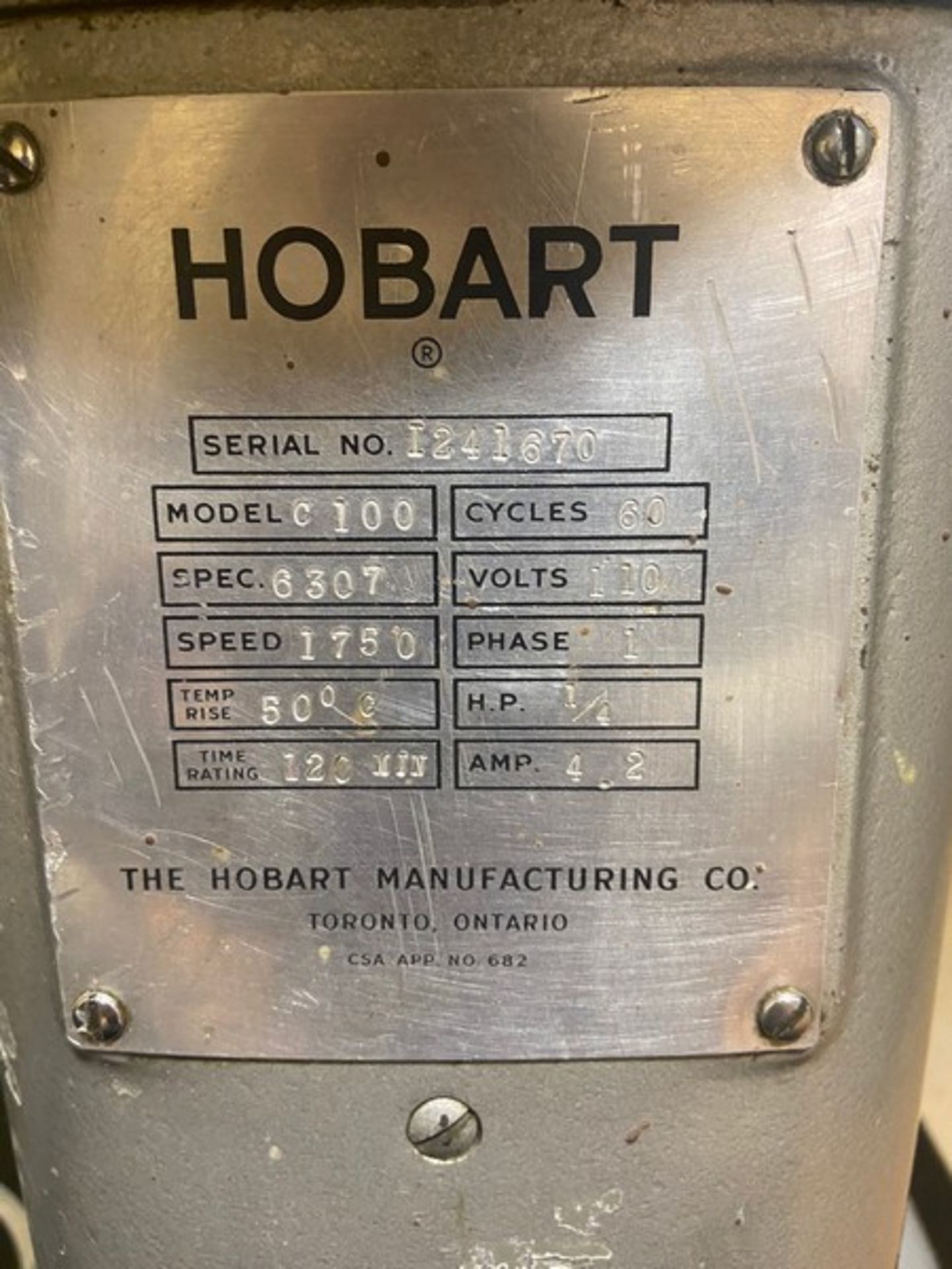HOBART Table Top Mixer, mod. C100, ser. 1241670, 1750 Speed, 110 Volts, 1 Phase, with S/S Mixing - Image 2 of 7