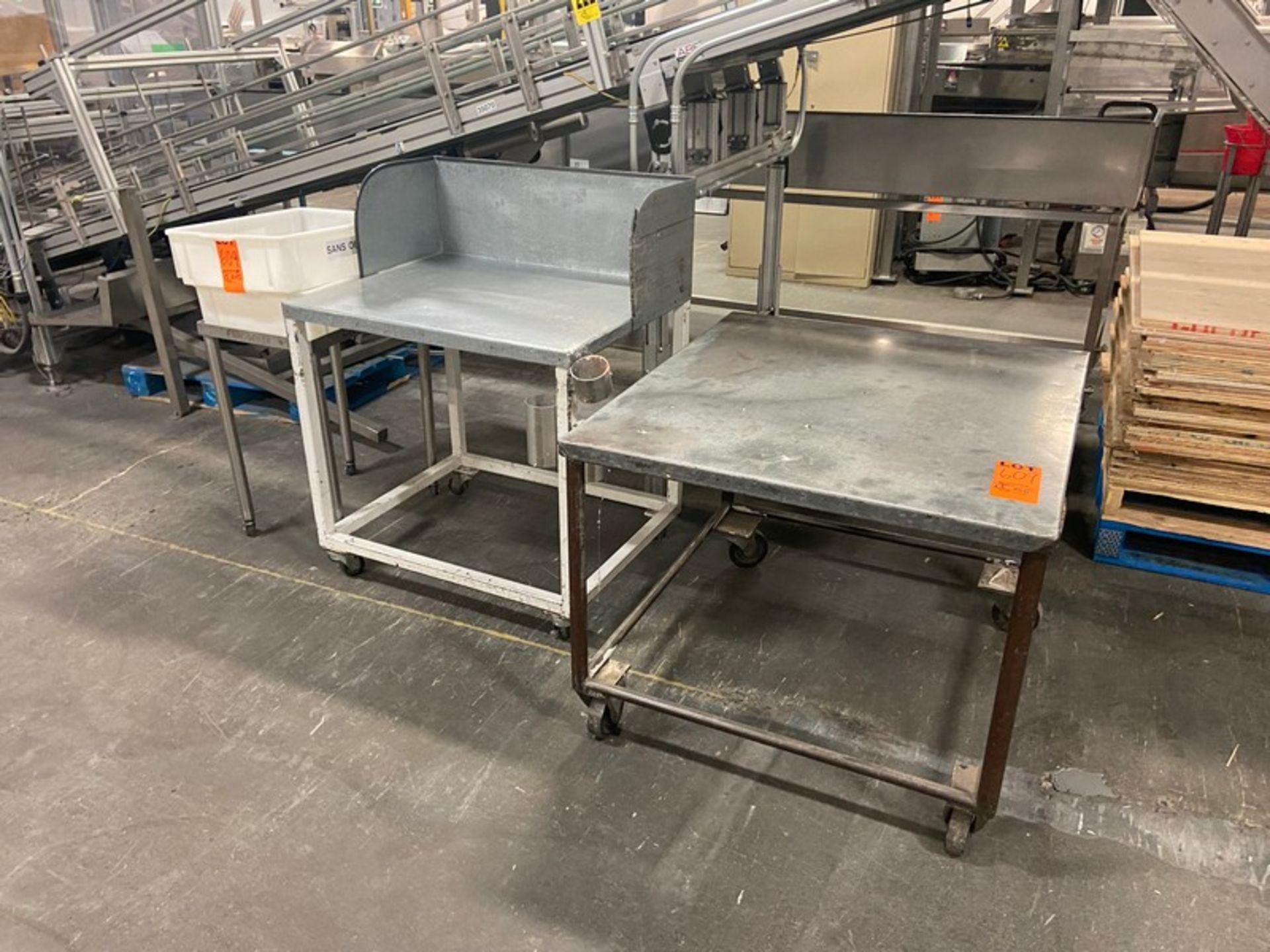 (2) Operator Tables, 1-with Sides 1- with (2) Plastic Bins, with S/S Frame (LOCATED IN SAINT-