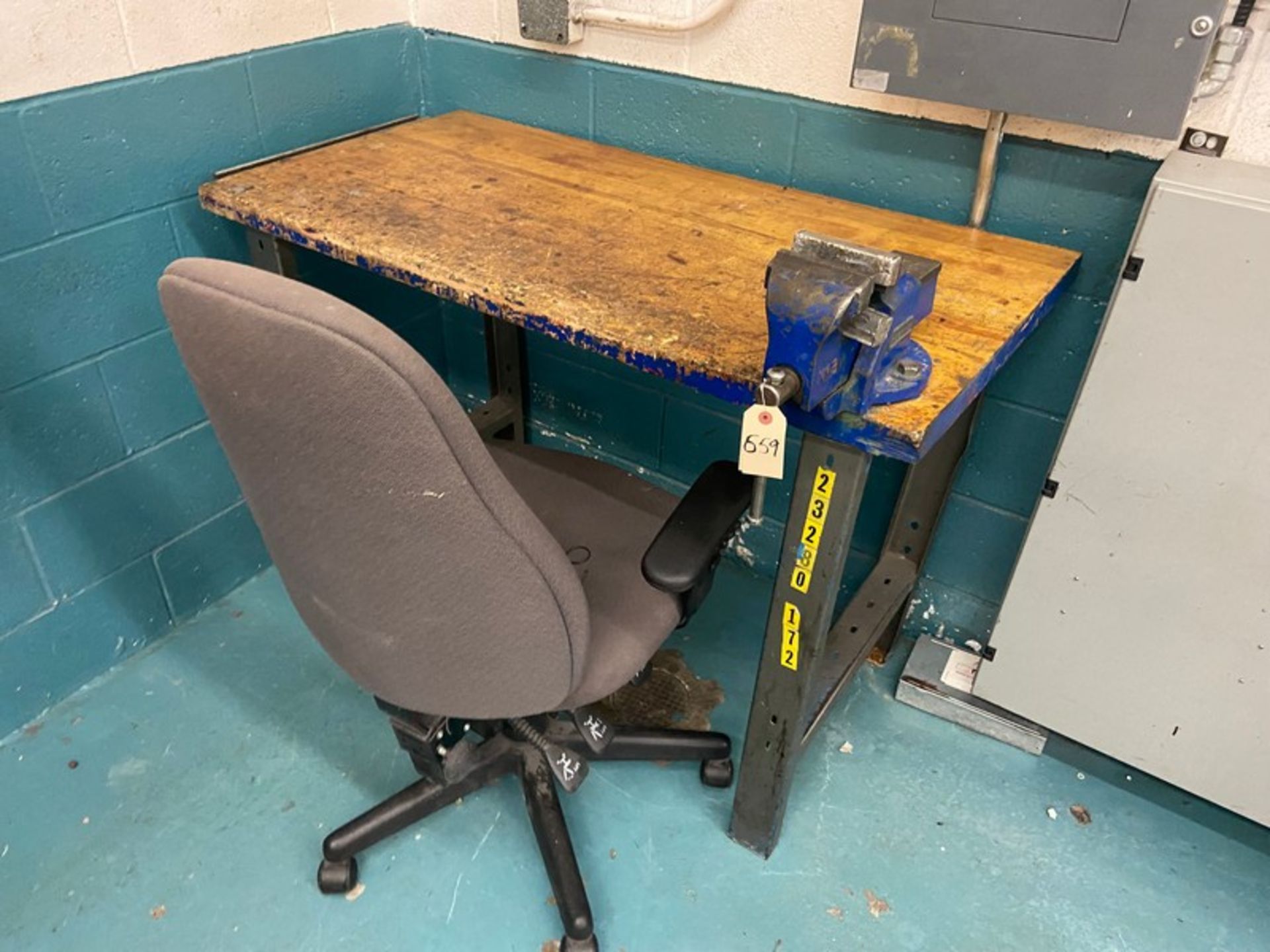 Machine Shop Work Station, with Vise Chair, Overall Dims. of Table: Aprox. 98 In. L x 32 In. W x