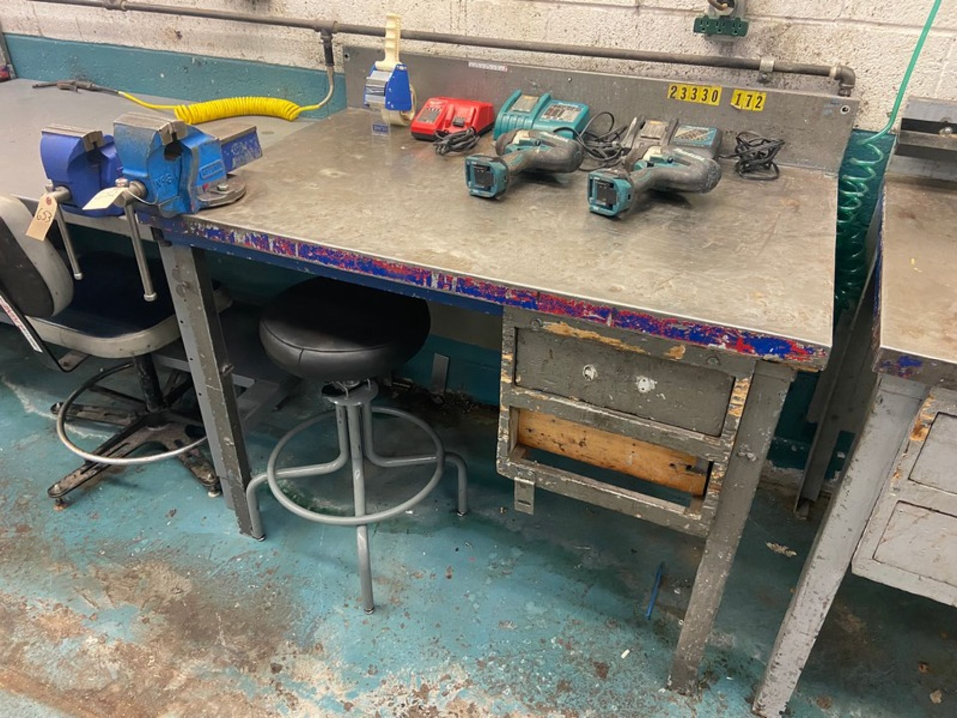 Machine Shop Work Station, with Vise Stool, Overall Dims. of Table: Aprox. 98 In. L x 32 In. W x