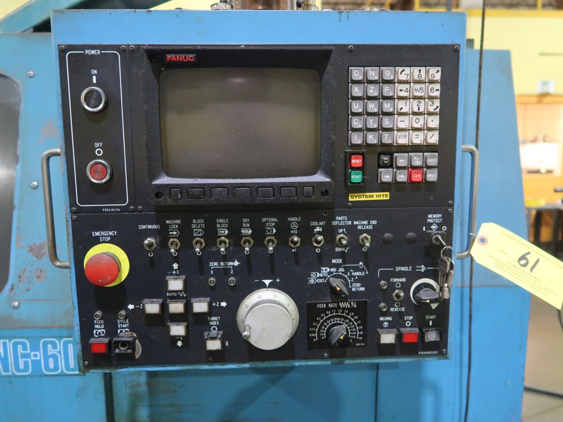 MIYANO CNC TURNING CENTER (SEE NOTE) MODEL JNC-60 S/N JN600303 W/ FANUC SYSTEM 10TE CNC CONTROL, SMW - Image 3 of 8