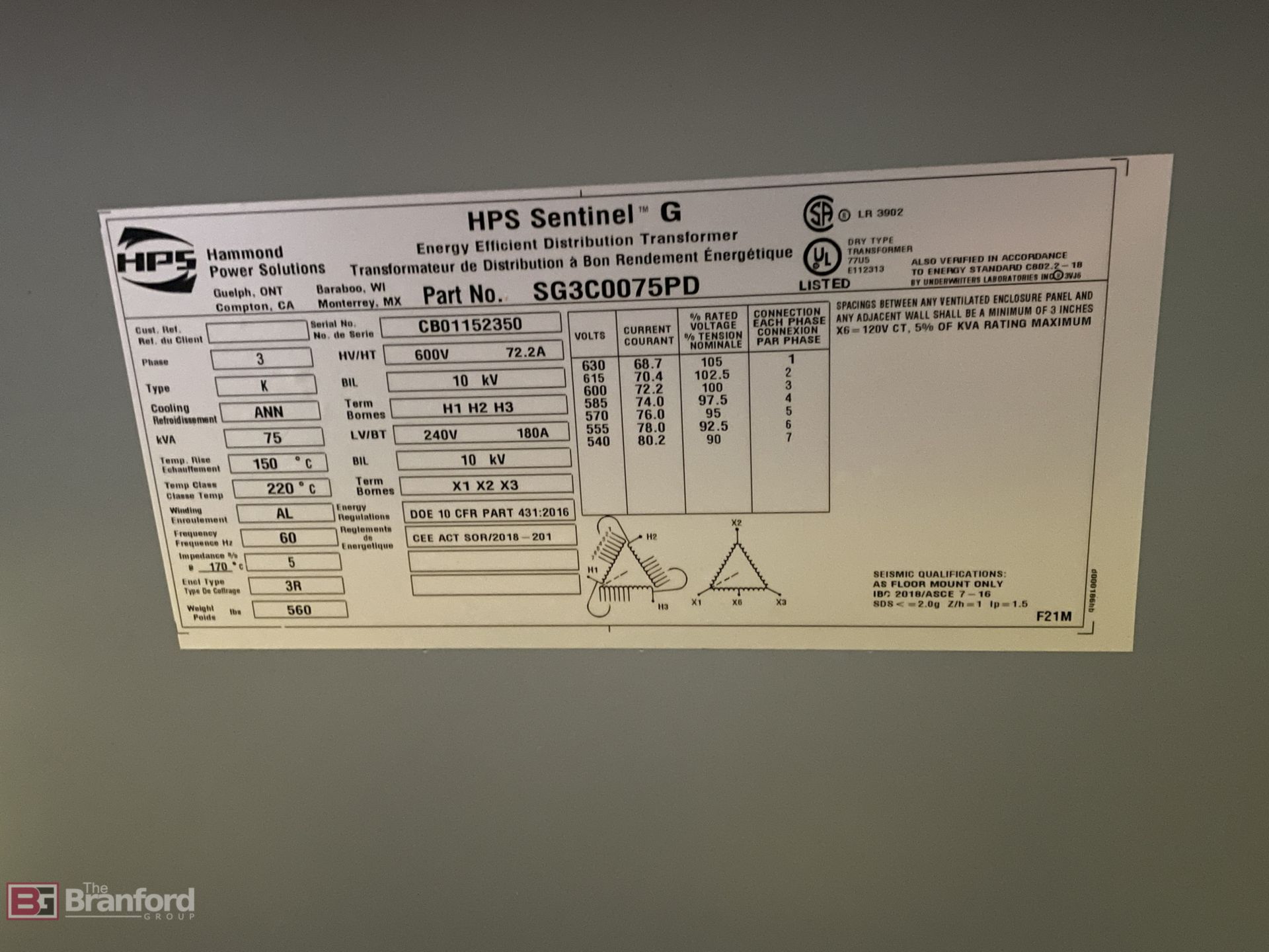 Hammond Power (HPS) SG3C0075PD Sentinel-G Energy Efficient Distribution Transformer - Image 2 of 2