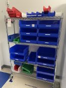 Rolling metro rack w/ plastic bins